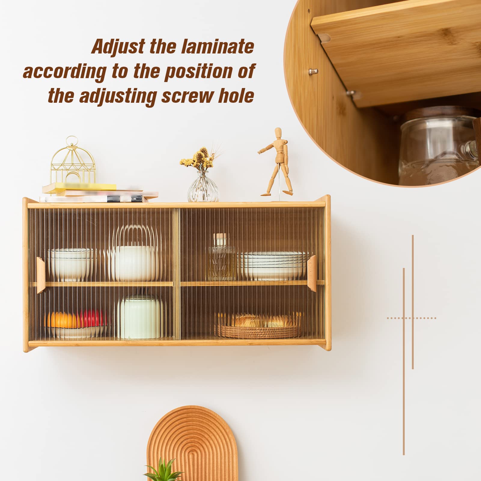 HollyHOME Small Bamboo Wall Mounted Kitchen Pantry Cabinet with 2 Doors - Coffee Bar & Wine Storage Organizer for Liquor Bottles, Glasses, Dishes - Perfect for Dining Room, Kitchen, Bar or Entryway Storage Solution