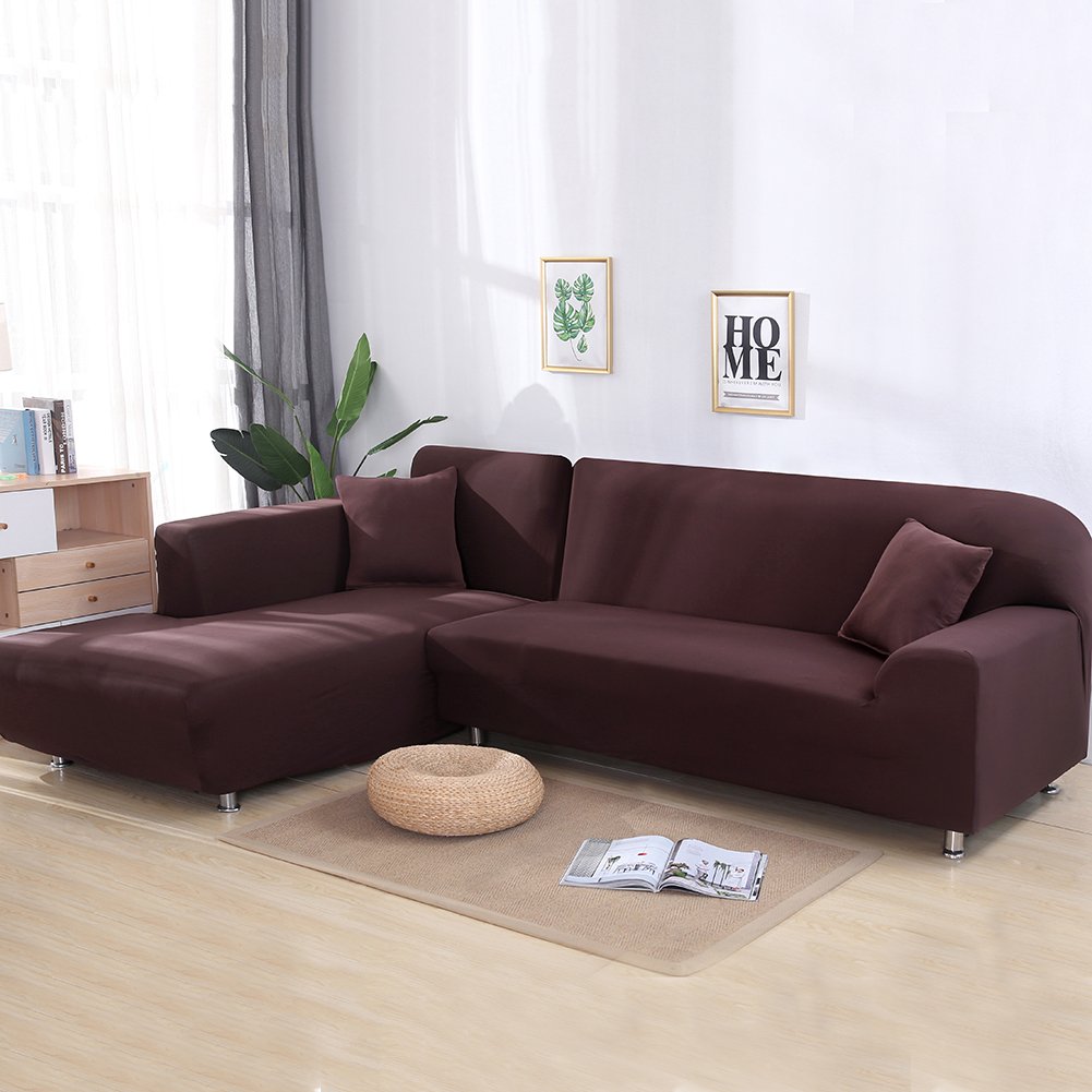 L-Shape Sectional Sofa Cover 2-Piece Set - Stretchable Polyester Slipcover for 3+4 Seater L-Shaped Couches with 2 Pillow Covers, Coffee Brown - Perfect for Living Room, Family Room & Home Theater Furniture Protection
