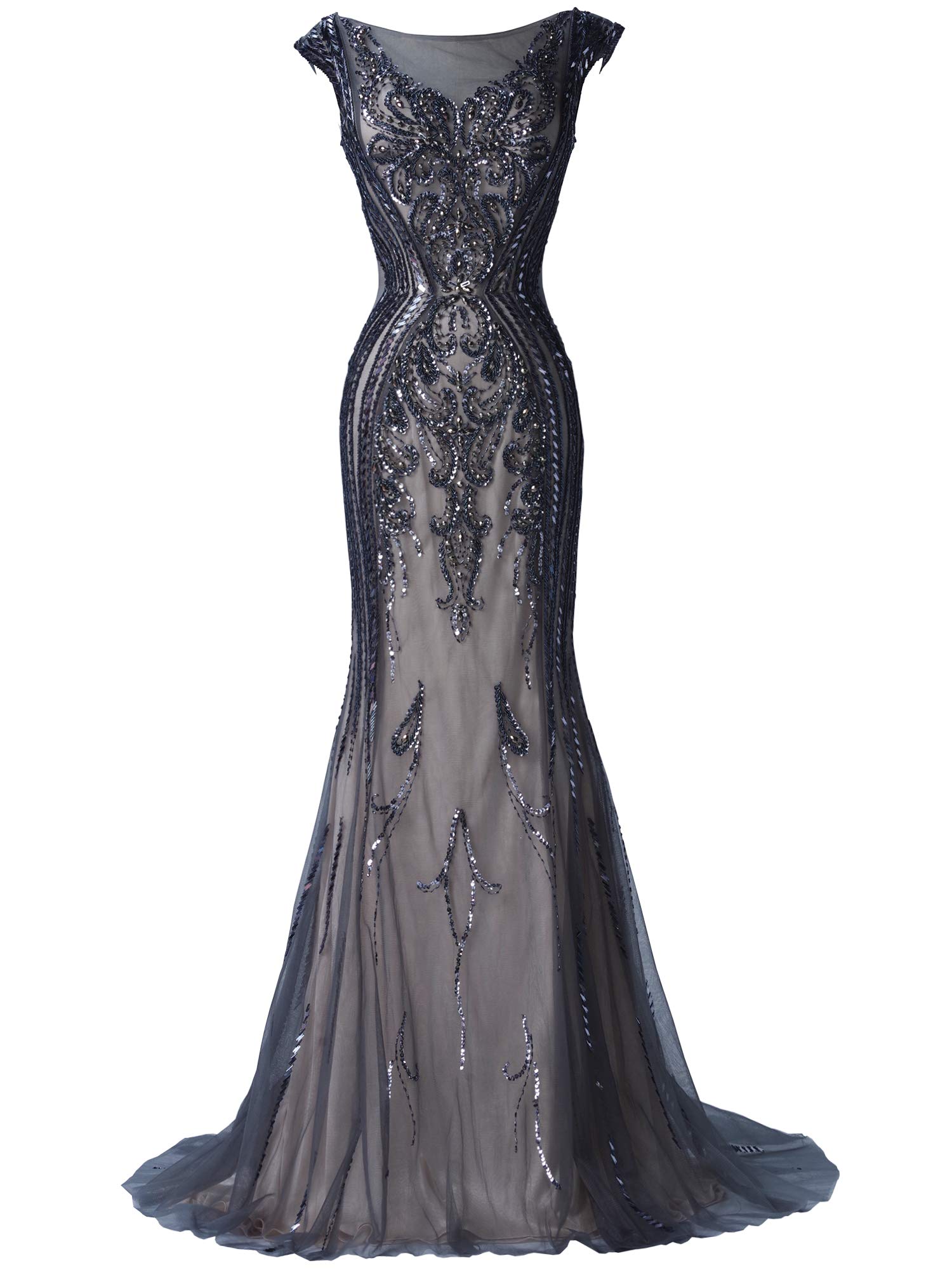 Bliss Extra Women's Luxury Beaded Rhinestone Tulle Mermaid Evening Dress - Elegant V-Back Formal Gown for Prom, Wedding, Cocktail Party & Special Occasions