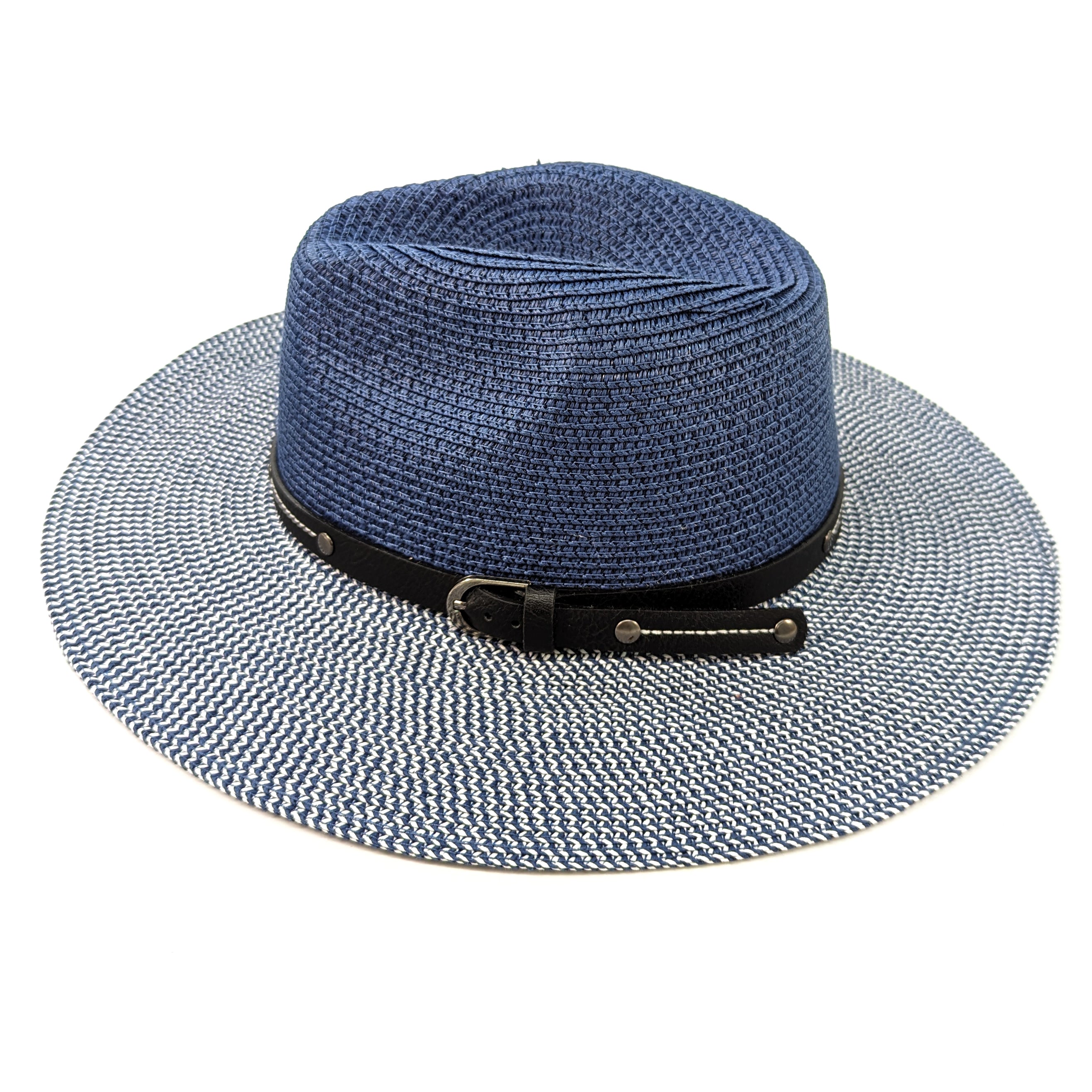 Two Tone Panama Foldable Hat for Men & Women - Mottled/Navy Blue with Adjustable Belt (57cm) - Perfect for Beach, Travel, and Outdoor Activities