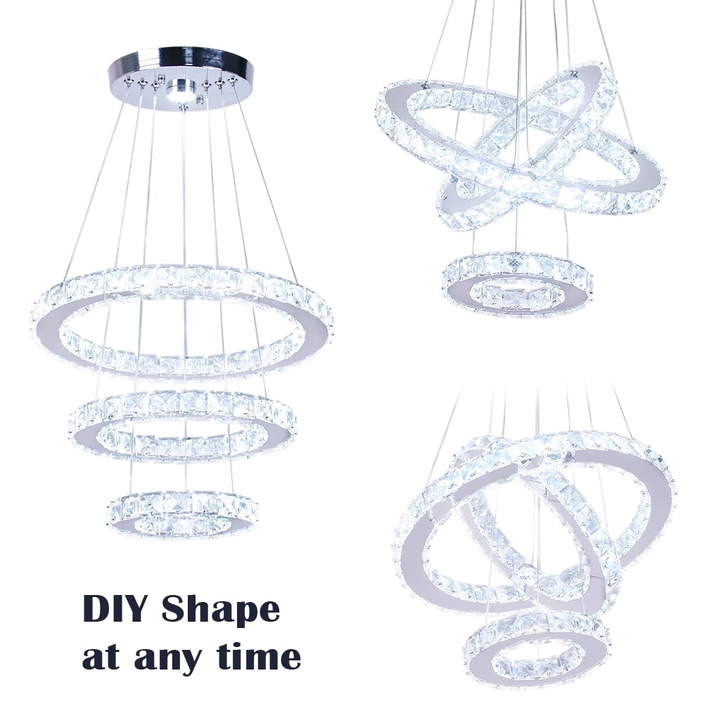 Dixun Modern 3-Ring Adjustable LED Chandelier - Stainless Steel Pendant Ceiling Light Fixture for Bedroom, Living Room, Dining Room - Cool White Lighting for Home Decor & Interior Design