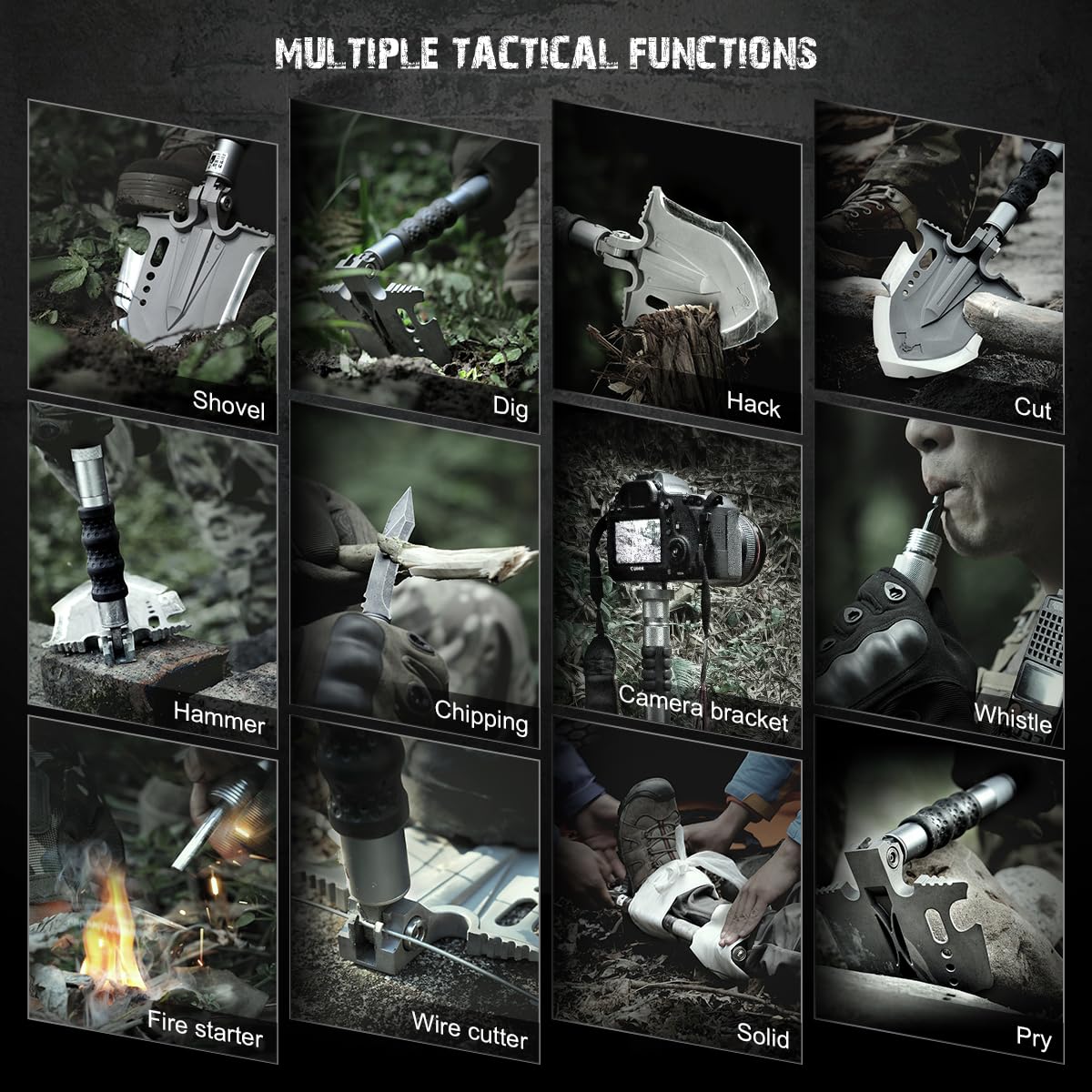 29-in-1 Unbreakable Tactical Shovel - Zune Lotoo Survival Multitool with Axe, Martensitic Steel Camping Shovel | Folding Adjustable 7 Angles for Outdoor Adventures, Military Gear & Emergency Preparedness | Perfect for Camping, Hiking, Hunting & Survival Situations