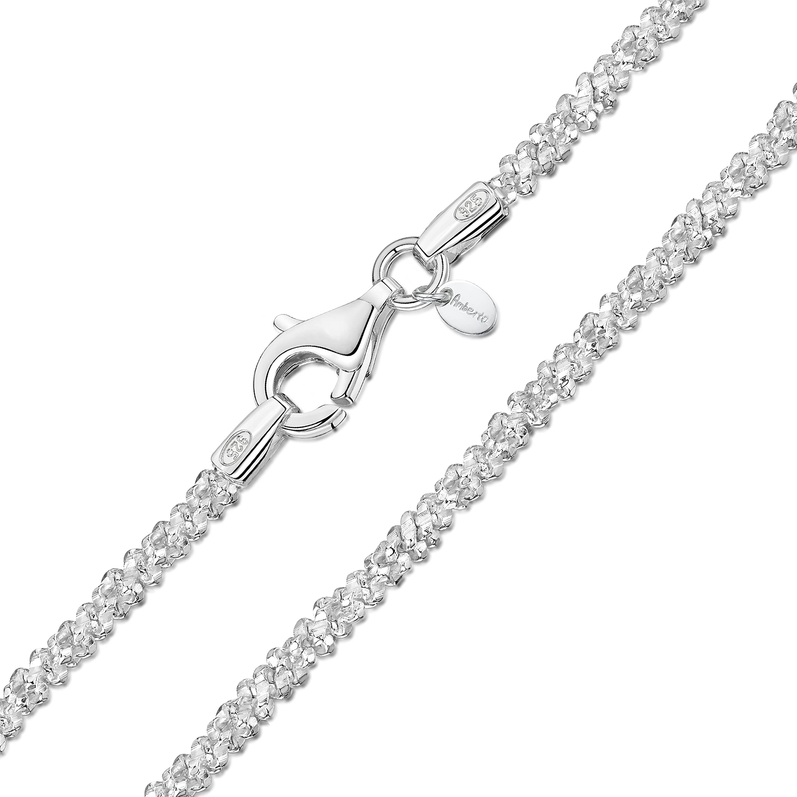 Amberta Italian 925 Sterling Silver Diamond Chain Necklace for Women - 1.7mm Thin Snow/Rock Silver Chain Jewelry - Perfect for Weddings, Parties & Everyday Elegance