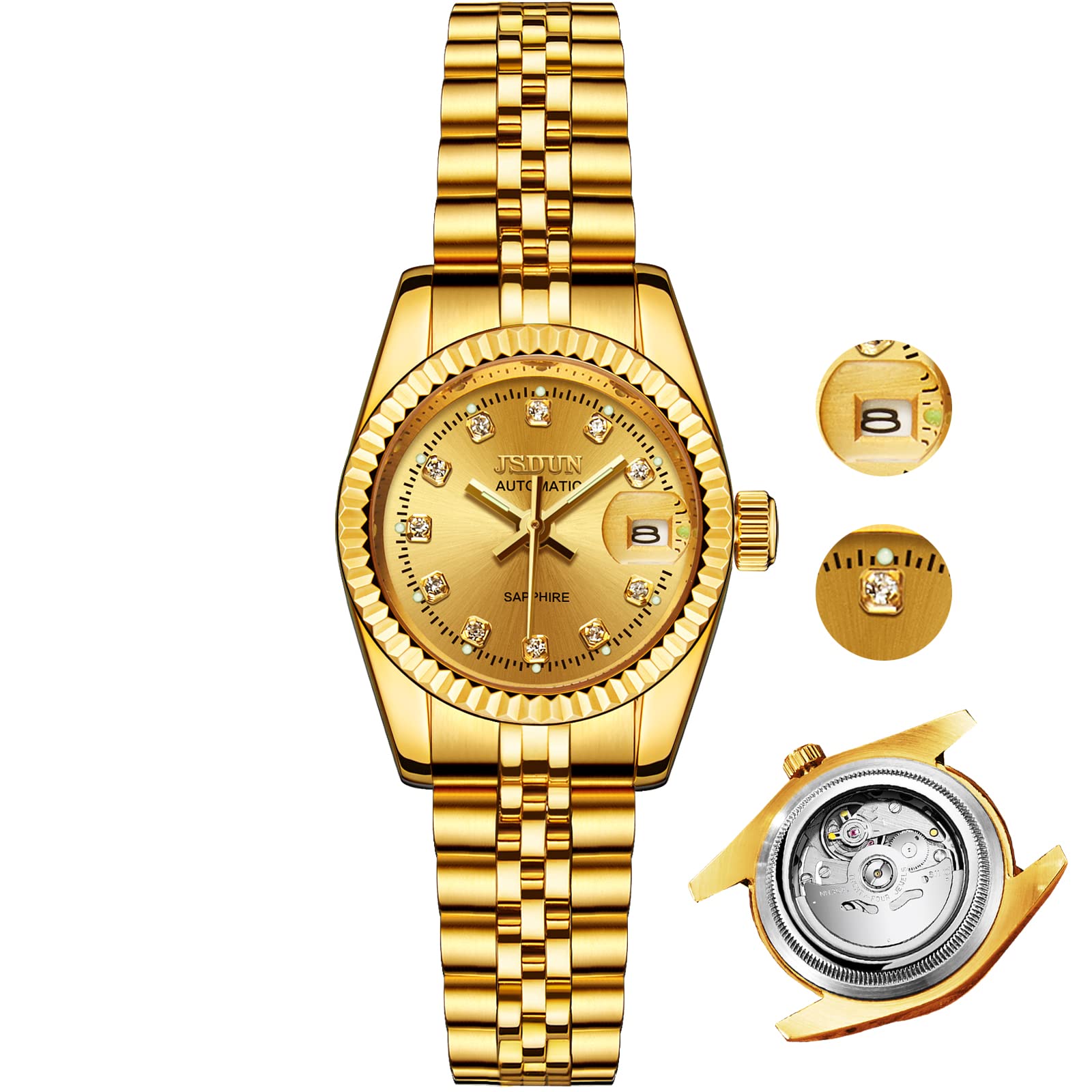 Luxury 18K Gold Women's Automatic Watch with Two-Tone Stainless Steel Bracelet & Diamond Accents - Self-Winding Mechanical Watch for Women [No Battery Needed] | Perfect for Business, Formal Events & Special Occasions
