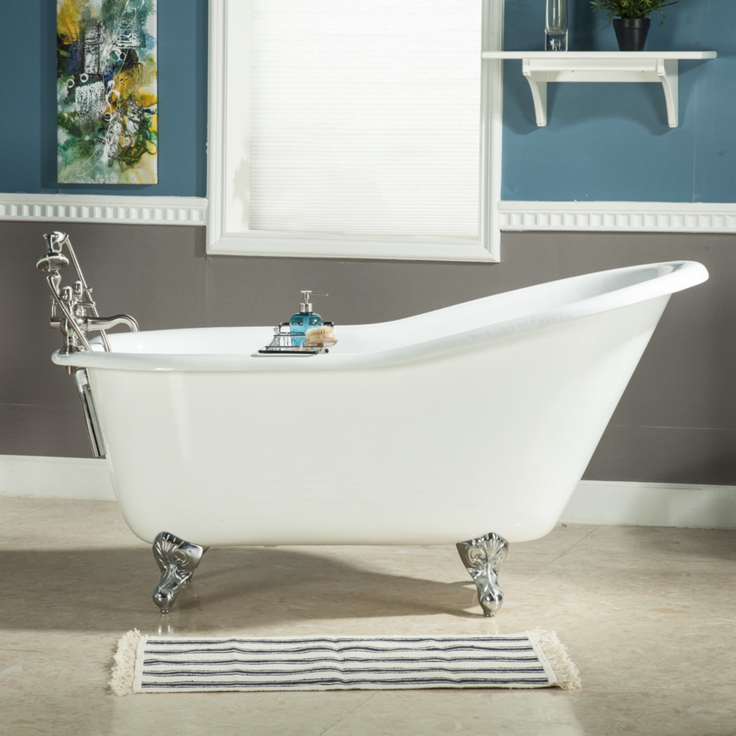 Aqua Eden 60 Inch White Cast Iron Clawfoot Bathtub - Vintage Oval Single Slipper Tub with Polished Chrome Feet (No Faucet Holes) | Perfect for Master Bathroom, Spa Retreat & Luxury Home Renovation