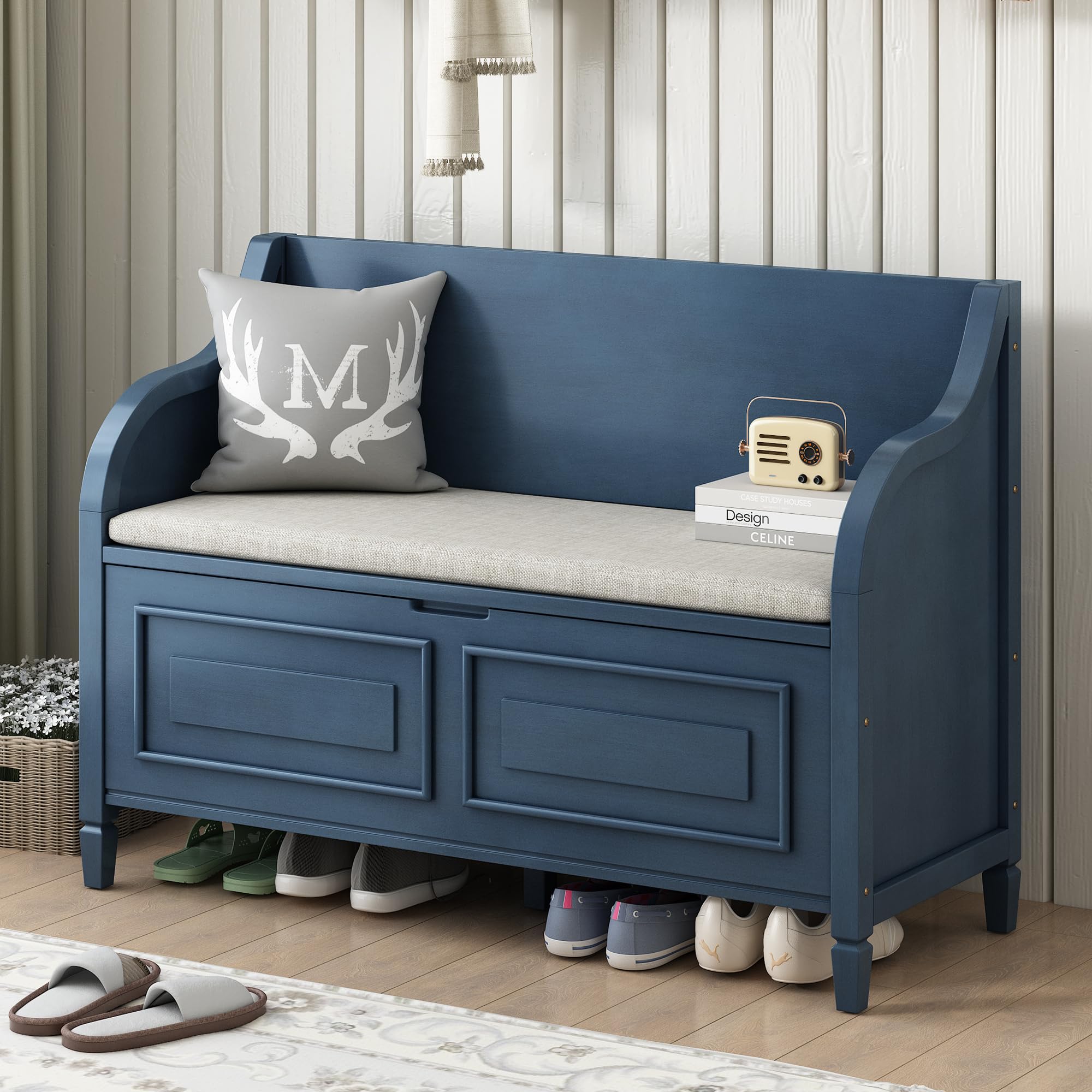 Merax Storage Bench with Safety Hinge - Shoe Bench with Backrest & Removable Cushion - Entryway, Living Room, Bedroom Furniture - Antique Navy & Beige - Perfect for Small Spaces, Hallway Organization & Home Decor