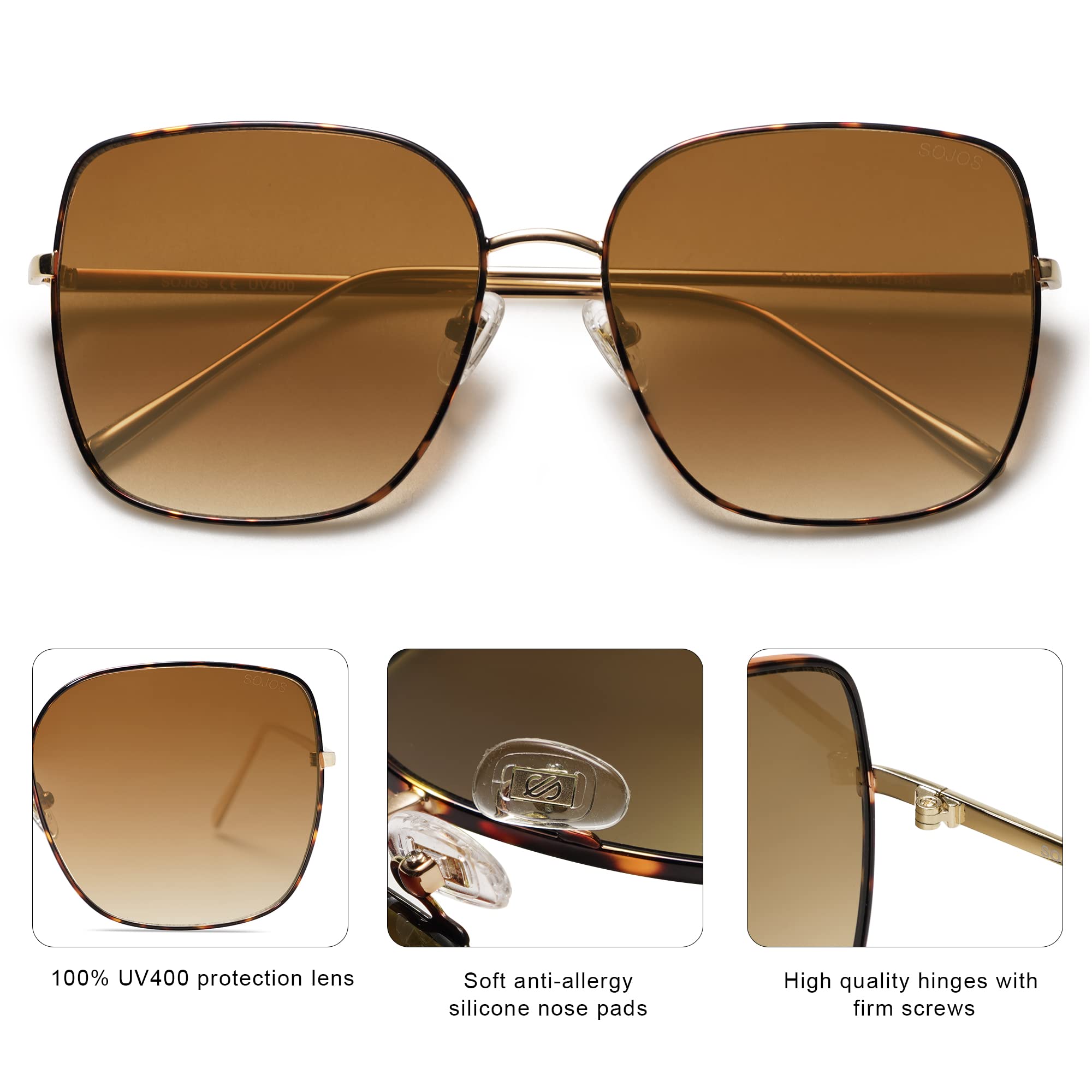 SOJOS SJ1146 Oversized Square Metal Frame Sunglasses for Women & Men - Retro Big Flat Lens UV400 Protection - Perfect for Driving, Beach, Outdoor Activities & Fashion Accessories