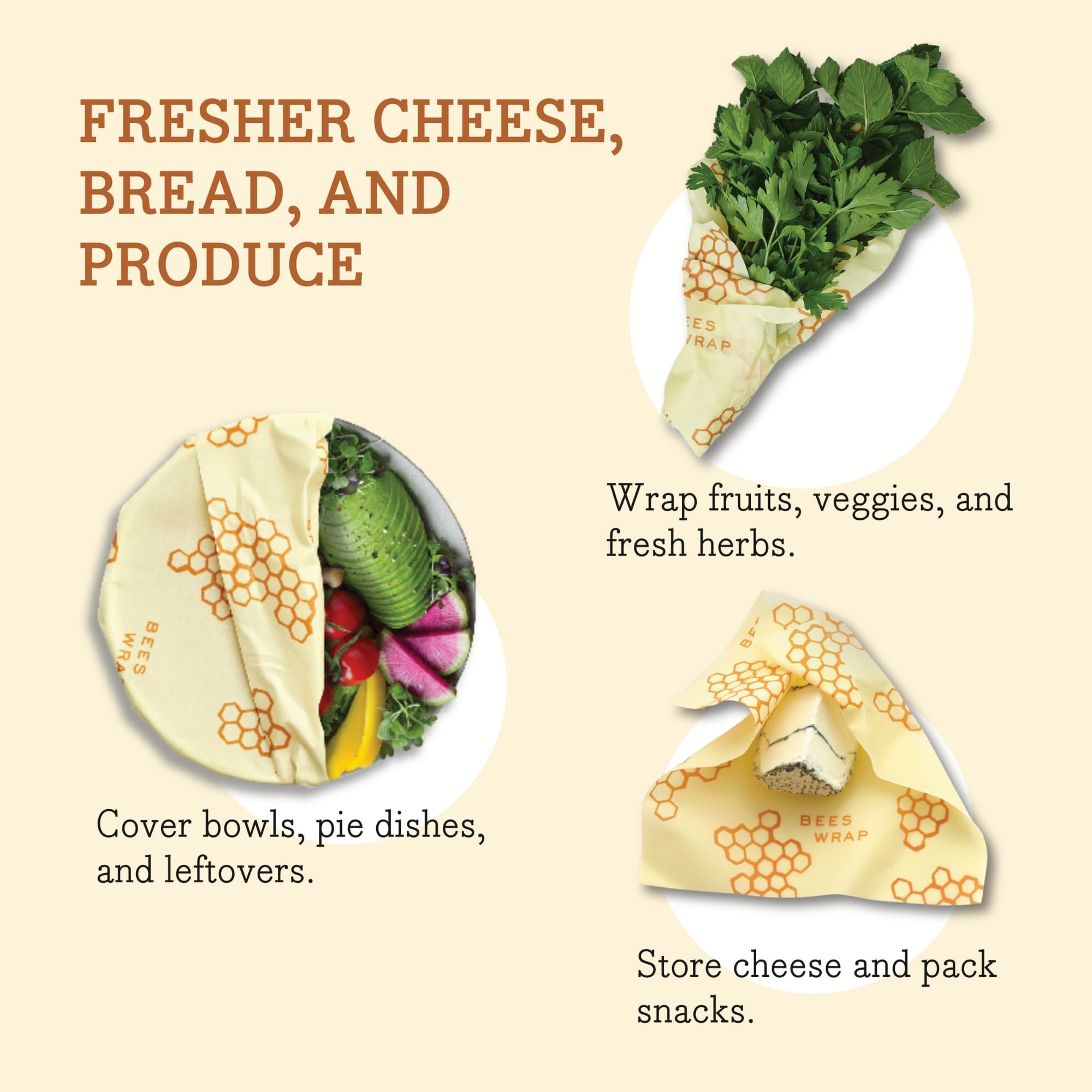 Bee's Wrap Reusable Beeswax Food Wraps - Eco-Friendly Sustainable Organic Cotton Food Storage Wraps Made in USA - Assorted 3 Pack (Small, Medium, Large) - Perfect for Wrapping Sandwiches, Cheese, Fruits & Leftovers