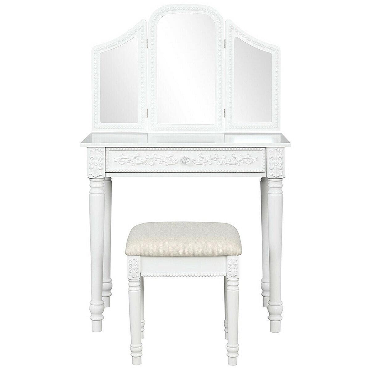 Institu Vanity Dressing Makeup Table Set with Tri-Folding Mirror, Large Drawer & Stool - White Vanity Desk for Bedroom, Portable Makeup Vanity Side Table - Perfect for Beauty Routine, Cosmetics Storage & Small Space Organization