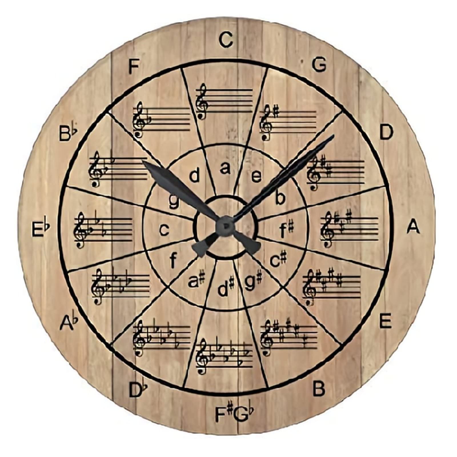 Vintage Wooden Circle of Fifths Wall Clock - 15 Inch Silent Round Battery Operated Decorative Clock for Living Room, Bedroom, Office & Music Studio - Brown Retro Wall Decor with Roman Numerals