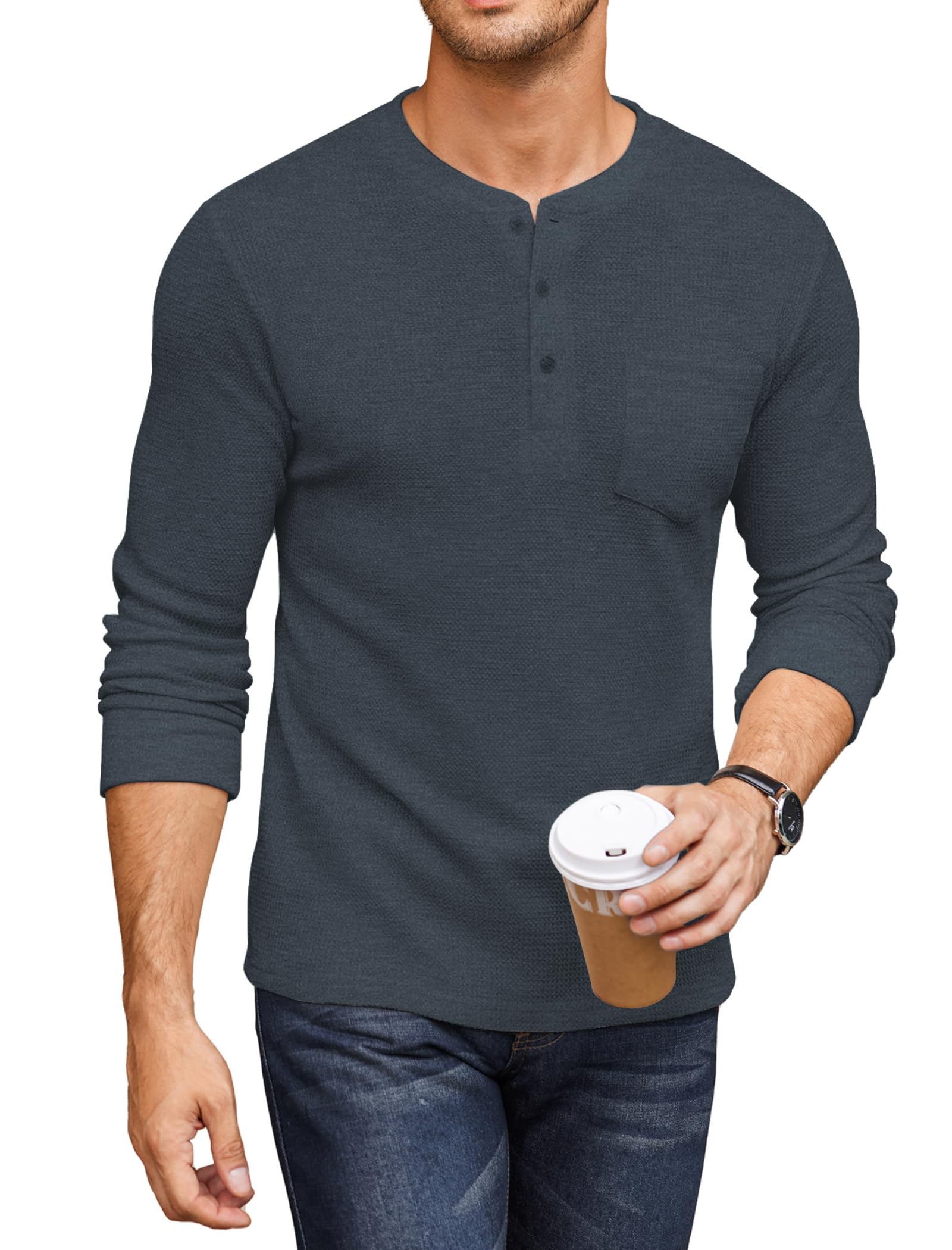COOFANDY Men's Long Sleeve Henley Shirt - Waffle Pique Pullover T-Shirt with Pocket | Casual Button Down Shirt for Fall & Winter | Perfect for Work, Date Night and Outdoor Activities