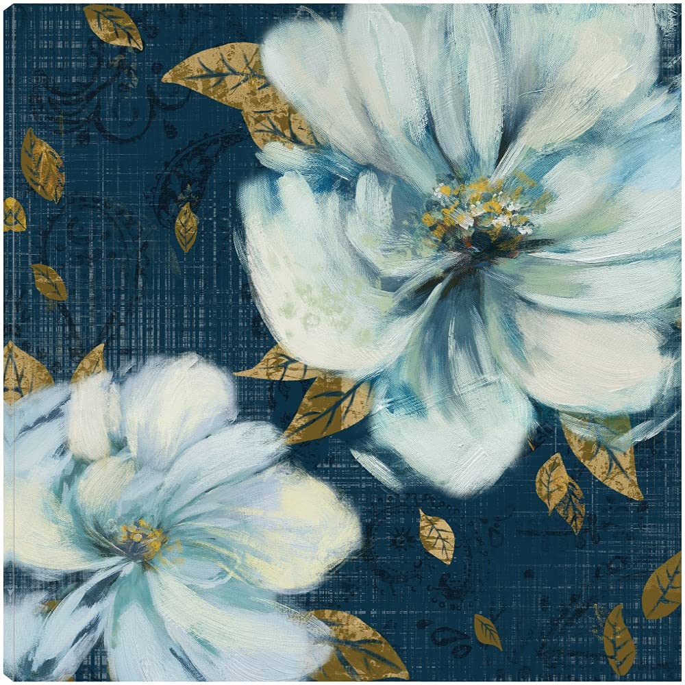 Heather Hayes Navy & Gold Garden Fine Art Canvas Wall Decor - 22x22 Inch Ready to Hang Painting for Living Room, Bedroom, Office - Elegant Home & Office Decor