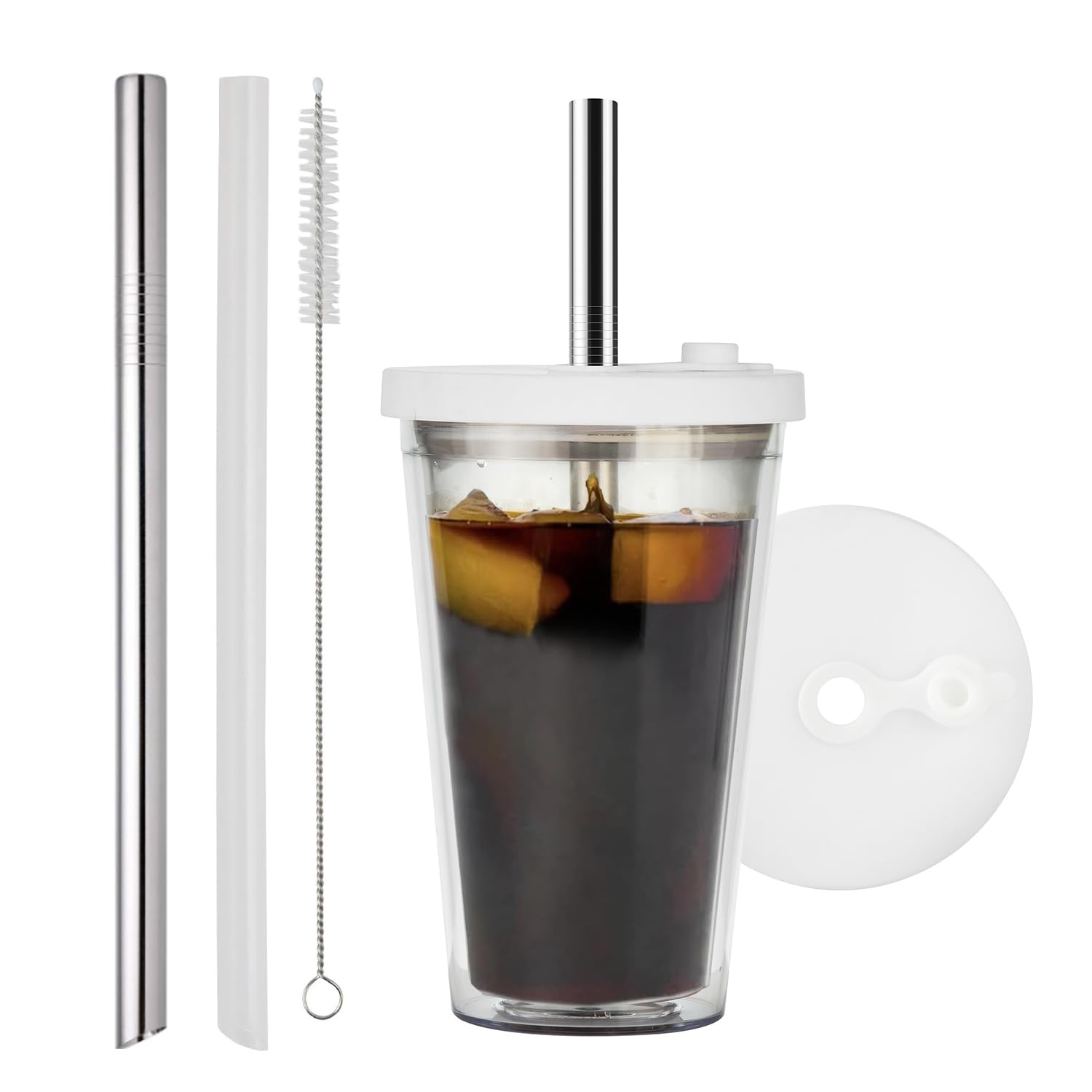 ALINK 450ml Clear Bubble Tea Cup with Lid & Straw - Leakproof Double Wall Insulated Plastic Tumbler for Smoothies, Iced Coffee & Boba Drinks - Perfect for Home, Office & Takeout