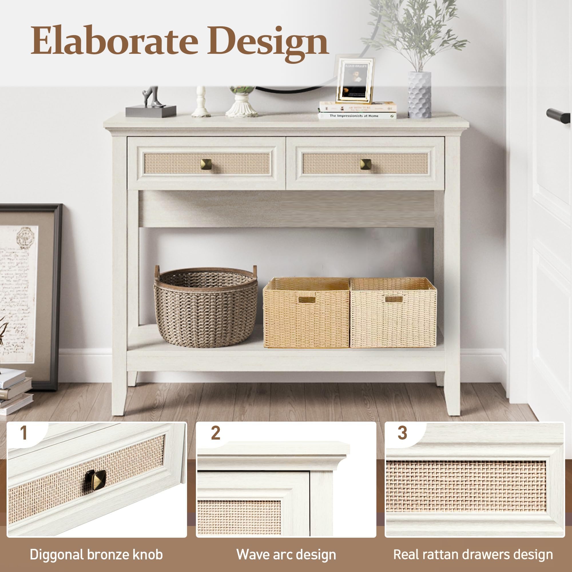 RoyalCraft Rattan Console Table with Storage Drawers - 40