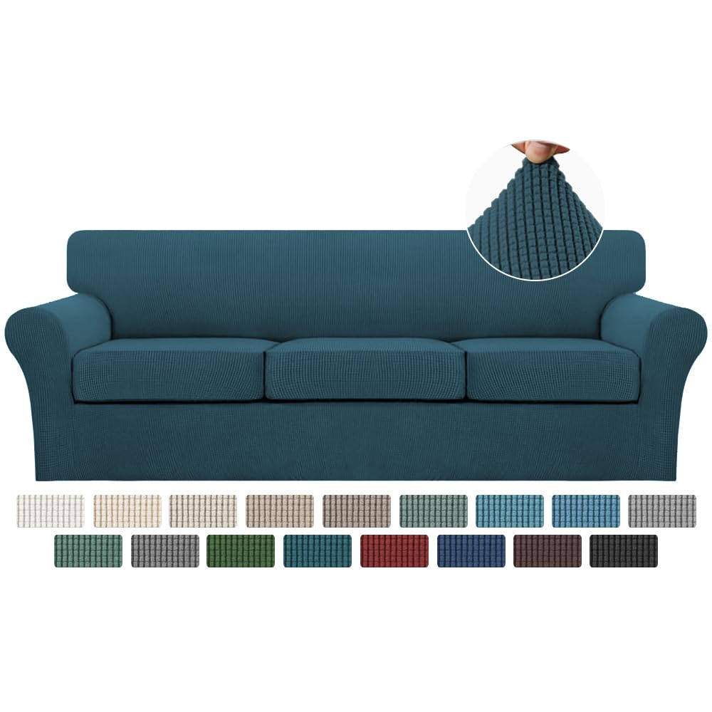 Turquoise 4-Piece Sofa Slipcover Set for 3-Cushion Couches - Washable Jacquard Fabric Sofa Cover with 3 Individual Cushion Covers - Pet-Friendly Furniture Protector (XL Size, Deep Teal) - Perfect for Living Room, Family Room & Pet Owners