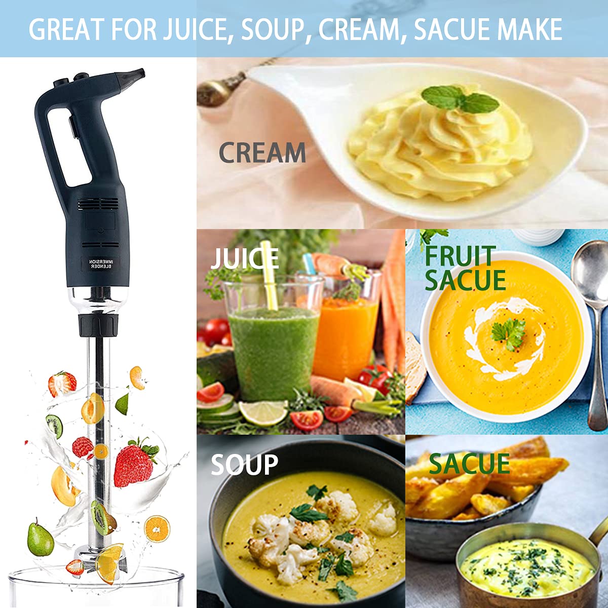 500W Heavy Duty Immersion Blender - Commercial Handheld Mixer with 2500-15000 RPM & Removable Shaft - Perfect for Soups, Smoothies, Sauces & Baking in Professional & Home Kitchens