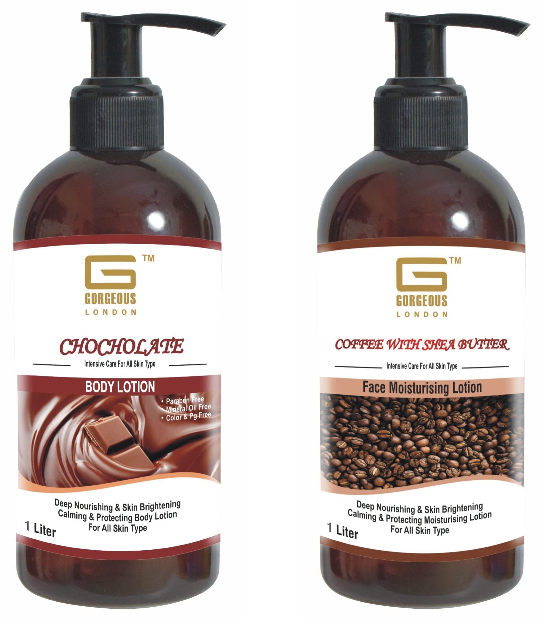 Luxury London Chocolate Body Lotion & Shea Butter Coffee Face Moisturizer Combo Set - 2 Pack (1 Liter Each) | Hydrating Skincare for Dry Skin & Spa Day Self Care