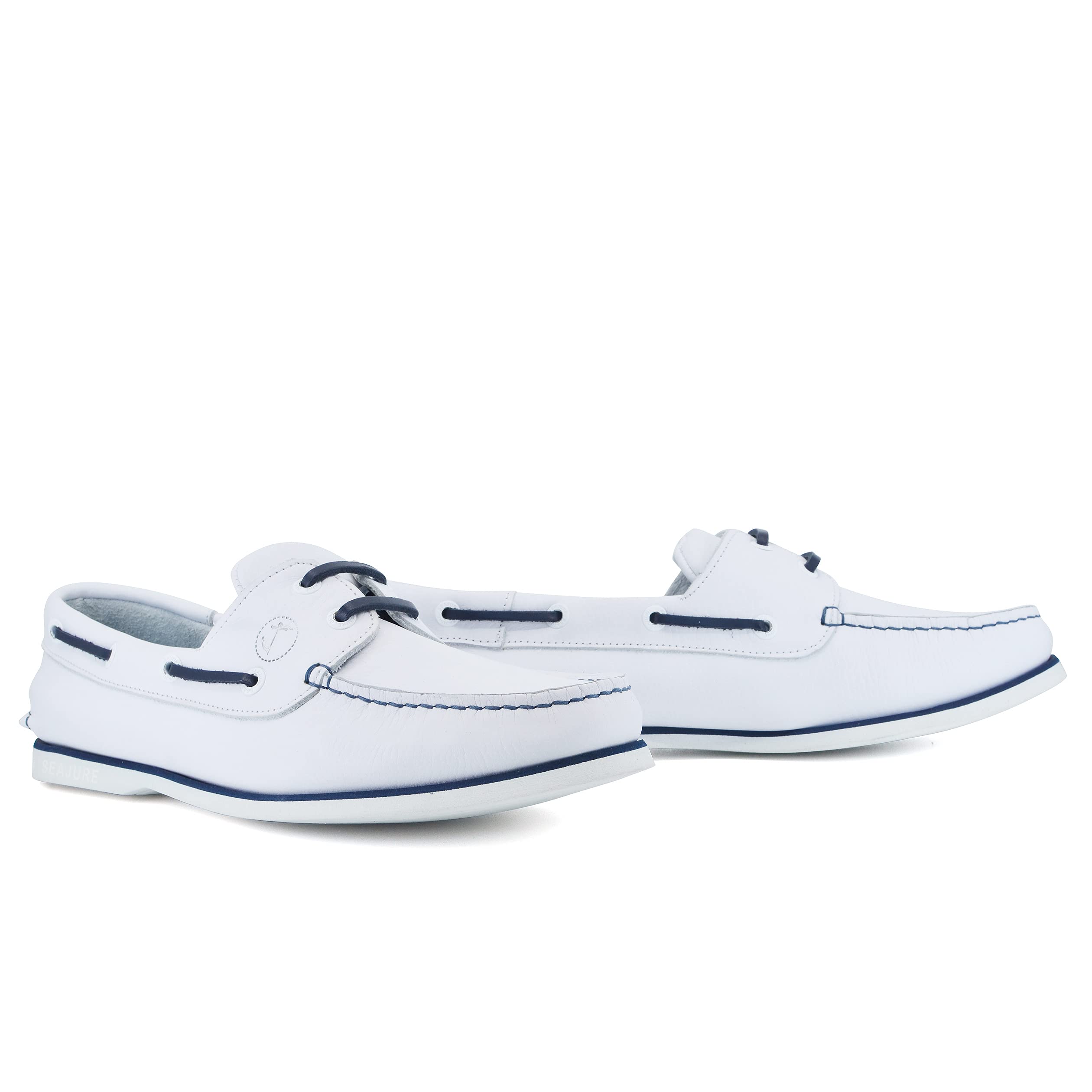 Seajure Men's Boat Shoes - White & Navy Blue Leather Deck Shoes for Casual Wear, Sailing, and Outdoor Activities