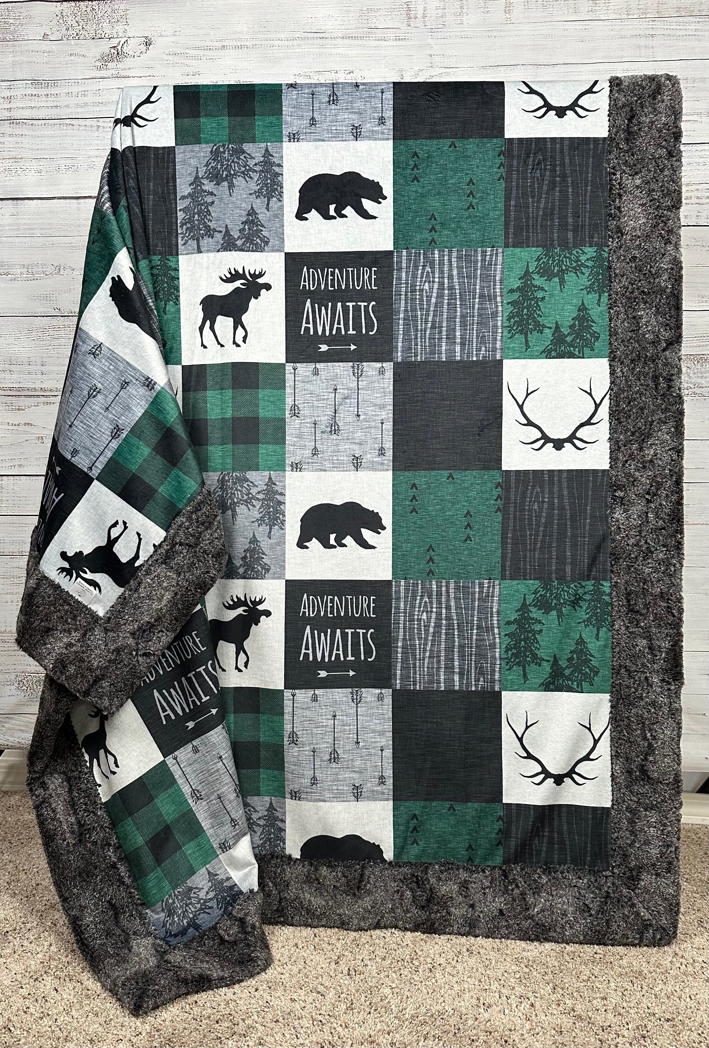 Premium Adventure Awaits Patchwork Minky Blanket - Green, Black & Gray on Heather Gray - Ultra Soft 55