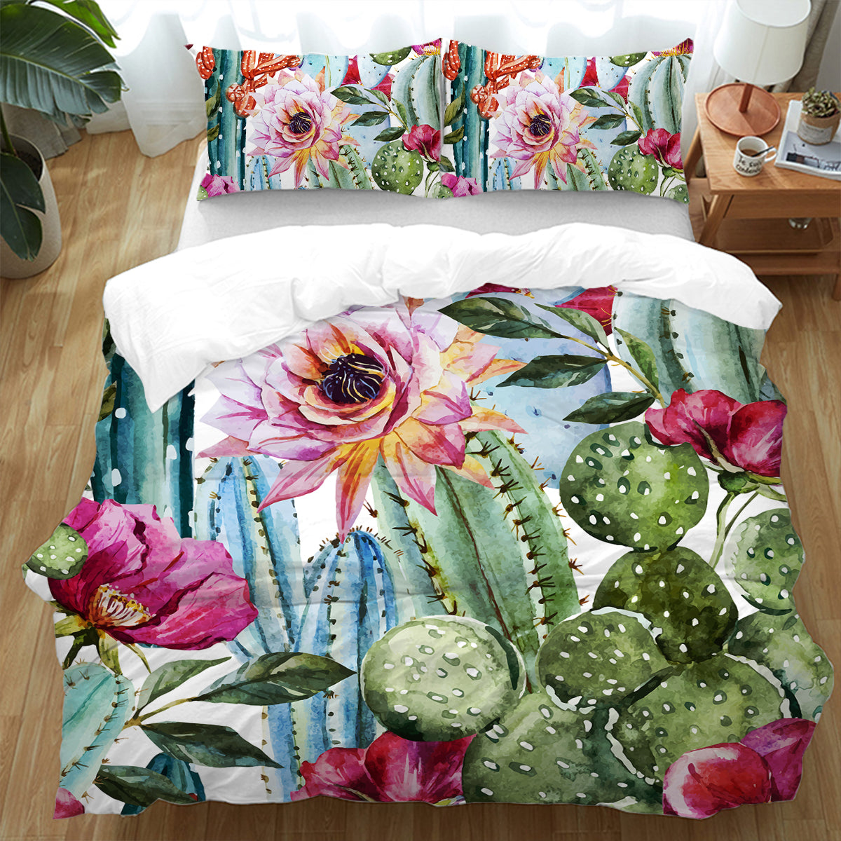 Vibrant Cactus Printed Bedding Set - Soft & Breathable Queen Size Duvet Cover with Pillowcases - Perfect for Boho Chic Bedroom Decor & Desert-Themed Home Styling