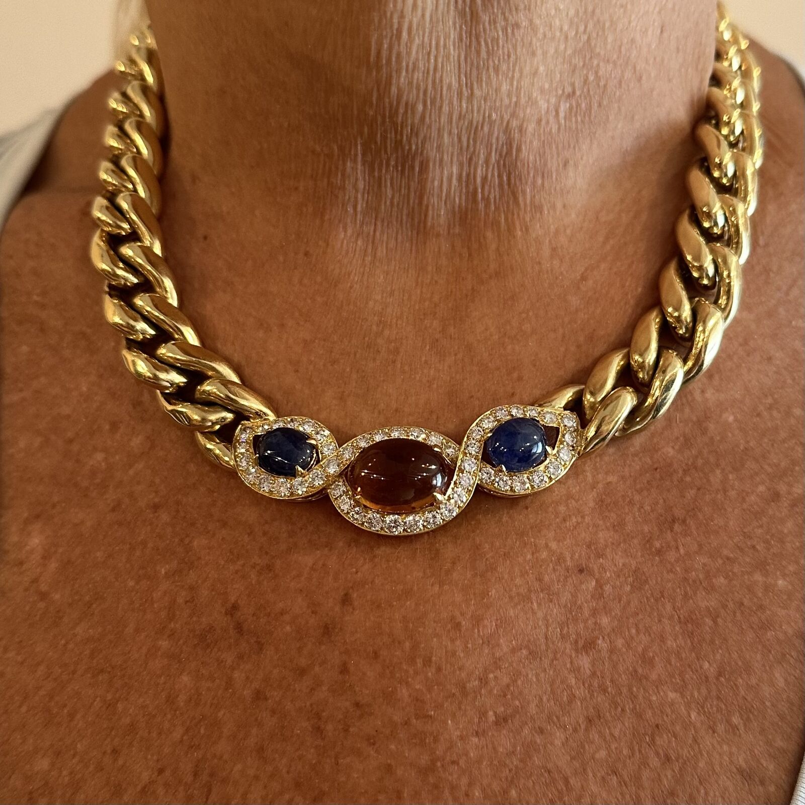 Bvlgari Bulgari 18k Yellow Gold Diamond Citrine Sapphire Link Necklace - Luxury Italian Jewelry for Women, Perfect for Weddings, Parties & Special Occasions