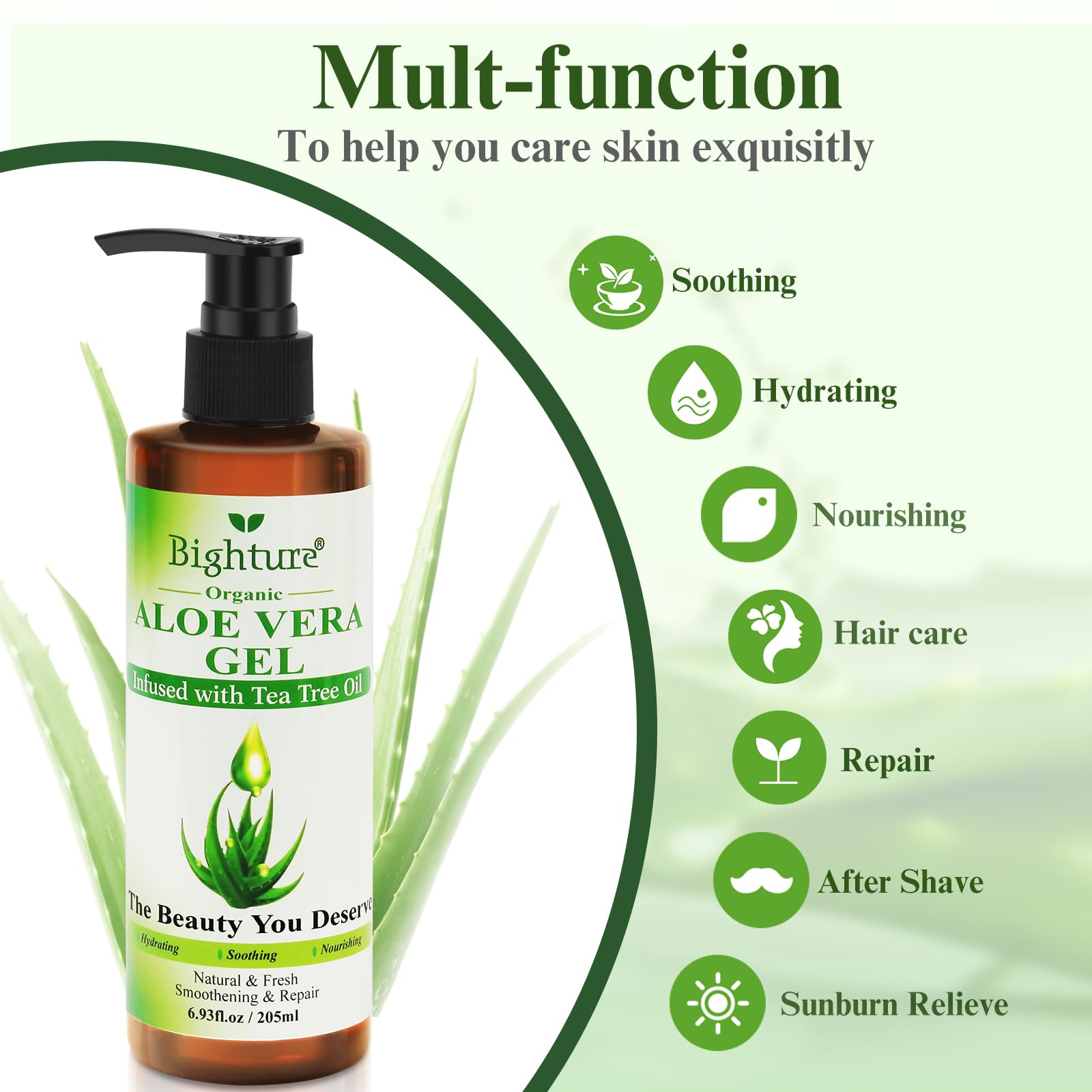 Organic Aloe Vera Gel with Tea Tree Oil for Face & Body Care | Freshly-Cut Aloe Gel for Skin, Scalp & Hair Hydration | Soothing Moisturizer for Sunburn Relief & After-Sun Care | 6.93 oz | Perfect for Sunburn Treatment, Daily Skincare & Hair Conditioning