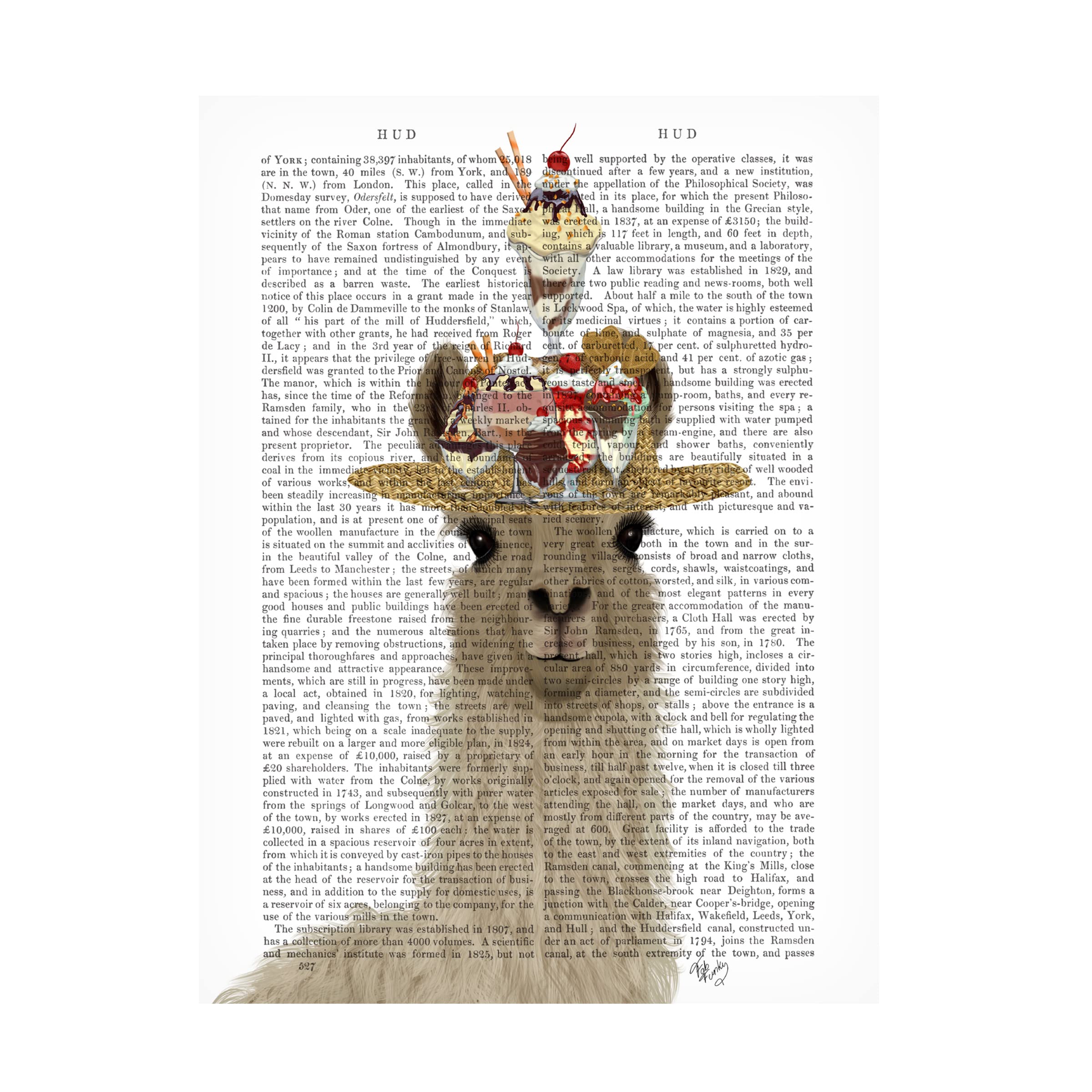 Trademark Fine Art 'Llama Ice Cream Hat Book Print' Canvas Wall Art by Fab Funky - Whimsical Home Decor for Living Room, Bedroom & Office