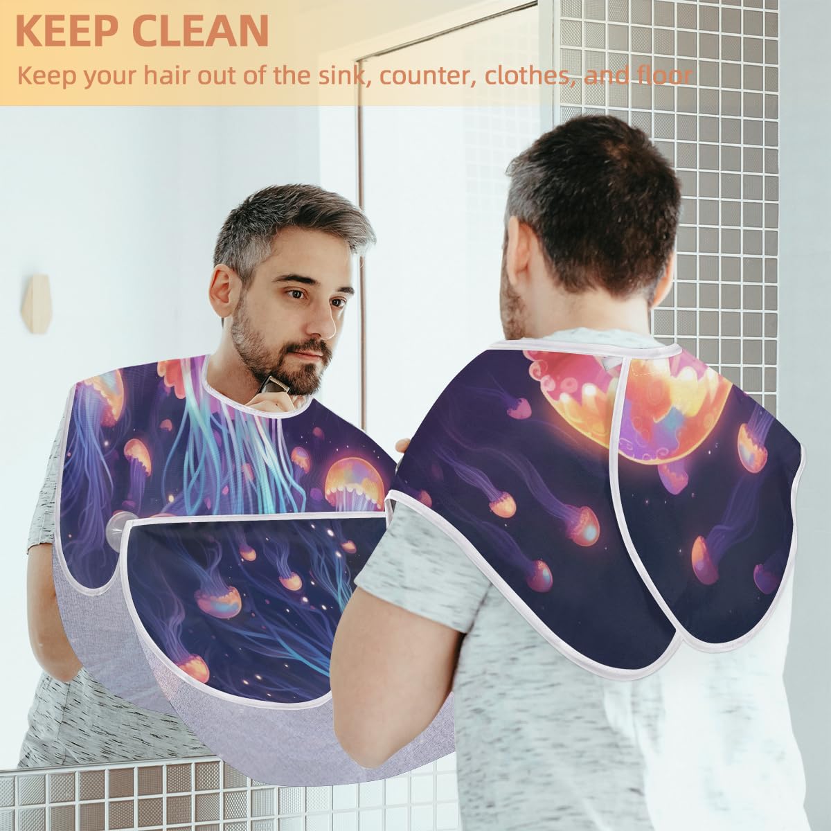 Jellyfish Starry Sky Beard Shaving Bib for Men - Waterproof Hair Dye Apron & Barber Cape for Beard Trimming, Haircut & Makeup - Sink Hair Catcher & Styling Tool - Perfect for Home Grooming & Salon Use