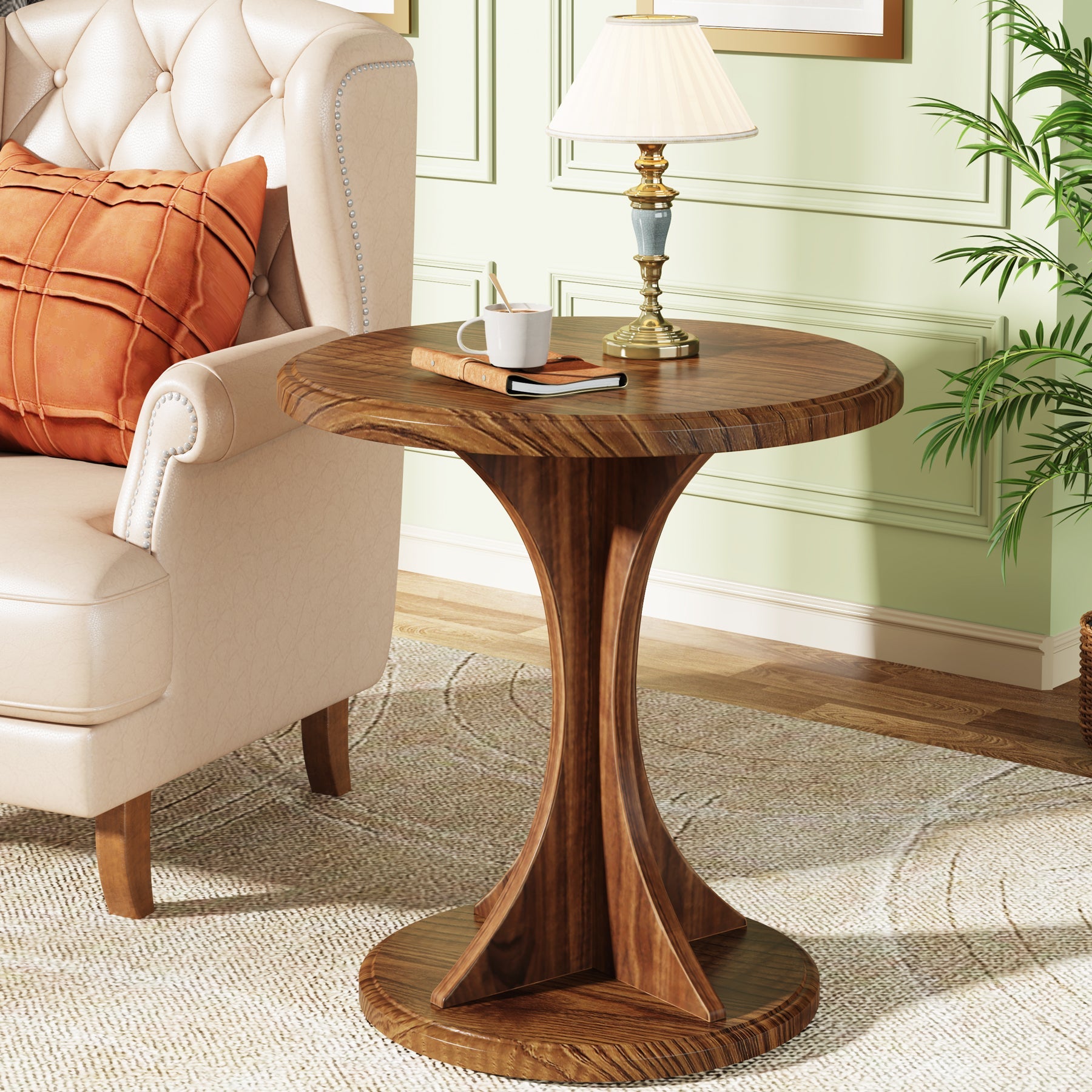 Vintage Round Wooden End Table - Nightstand & Sofa Side Table for Living Room, Bedroom, and Office Decor