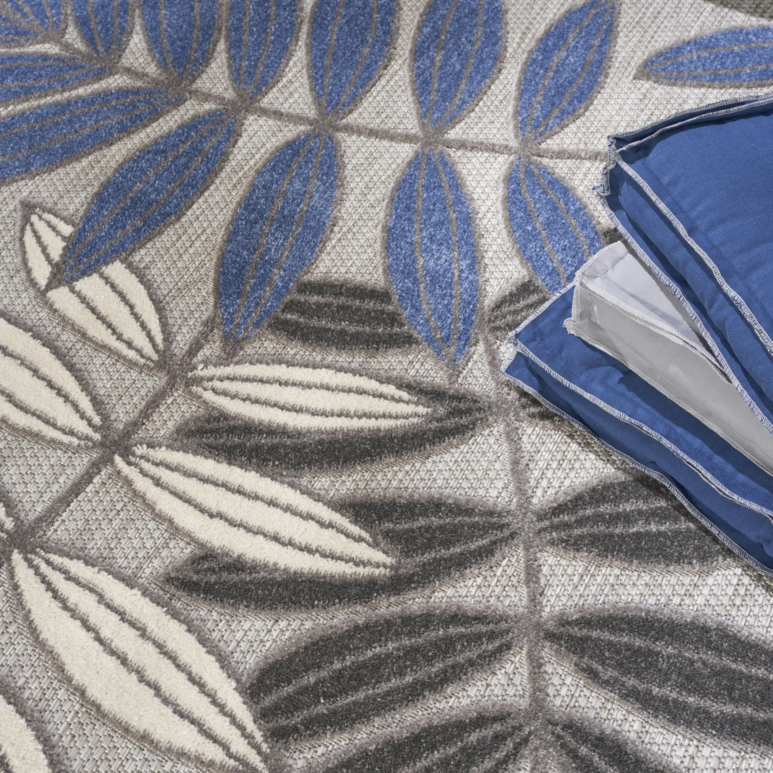 Nourison Aloha 8' Round Indoor/Outdoor Area Rug - Easy Clean, Non-Shedding, Stain Resistant - Perfect for Bedroom, Living Room, Dining Room, Backyard, Deck & Patio - Soft Grey & Blue Design for Coastal & Boho Decor