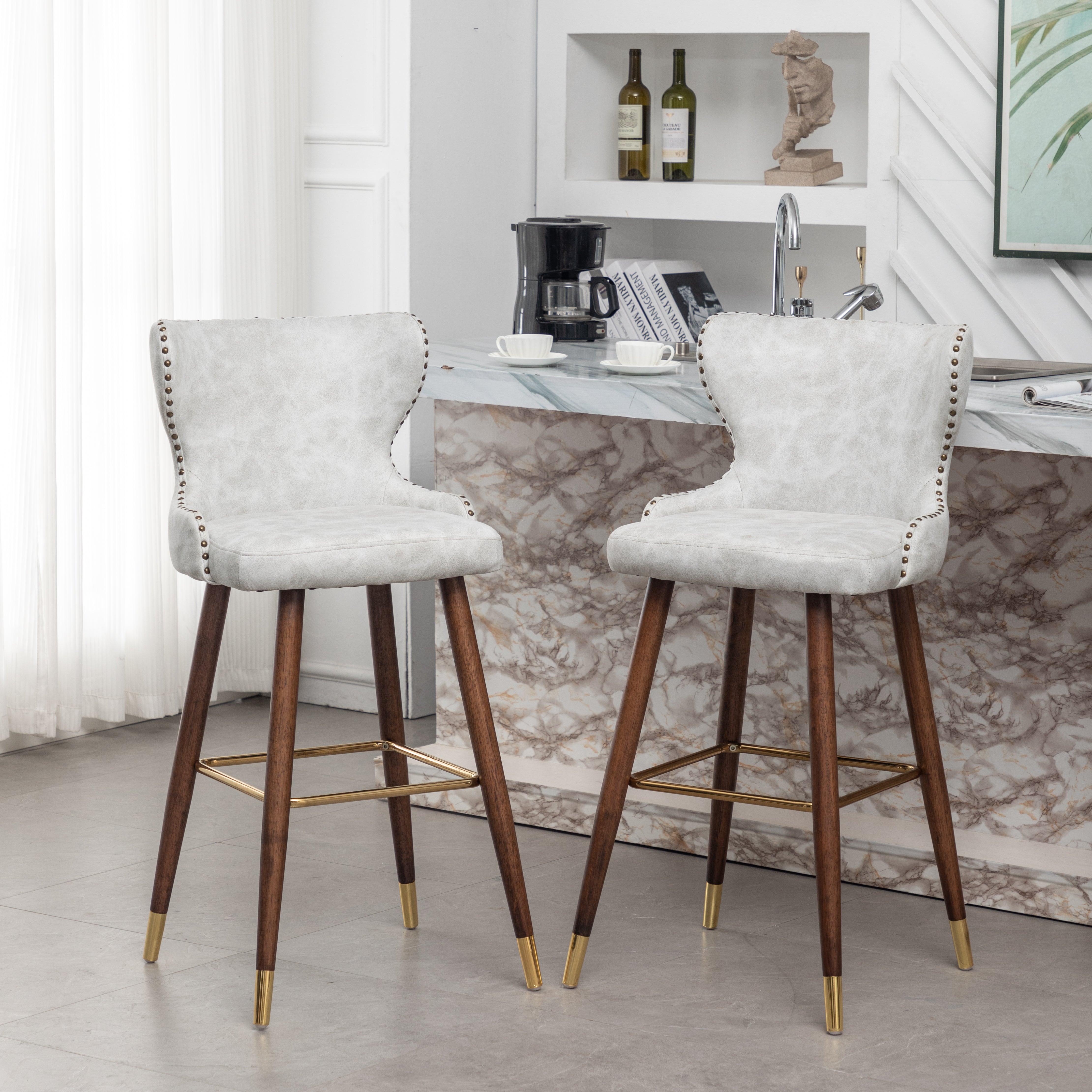 Roundhill Furniture Nevis Mid Century Modern Faux Leather Tufted Bar Stools with Nailhead Trim - Set of 2 White Barstools for Kitchen Island, Breakfast Nook & Home Bar Decor