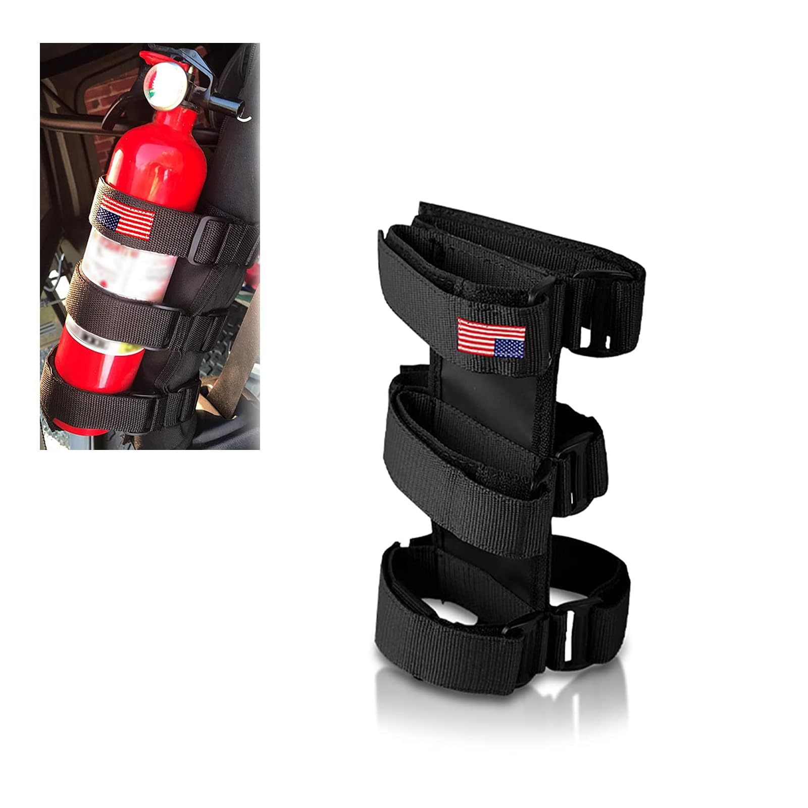 ZKFAR Pack-1 Adjustable Fire Extinguisher Holder with American Flag Design - Universal Roll Bar Mount for Jeep Wrangler 1965-2022 JK JKU TJ CJ & Gladiator (Black) - Perfect for Off-Road Adventures & Emergency Safety