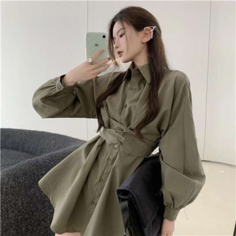 Stylish French Shirt Dress with Tie Waist - Women's Autumn Fashion for Office, Dating & Casual Outfits