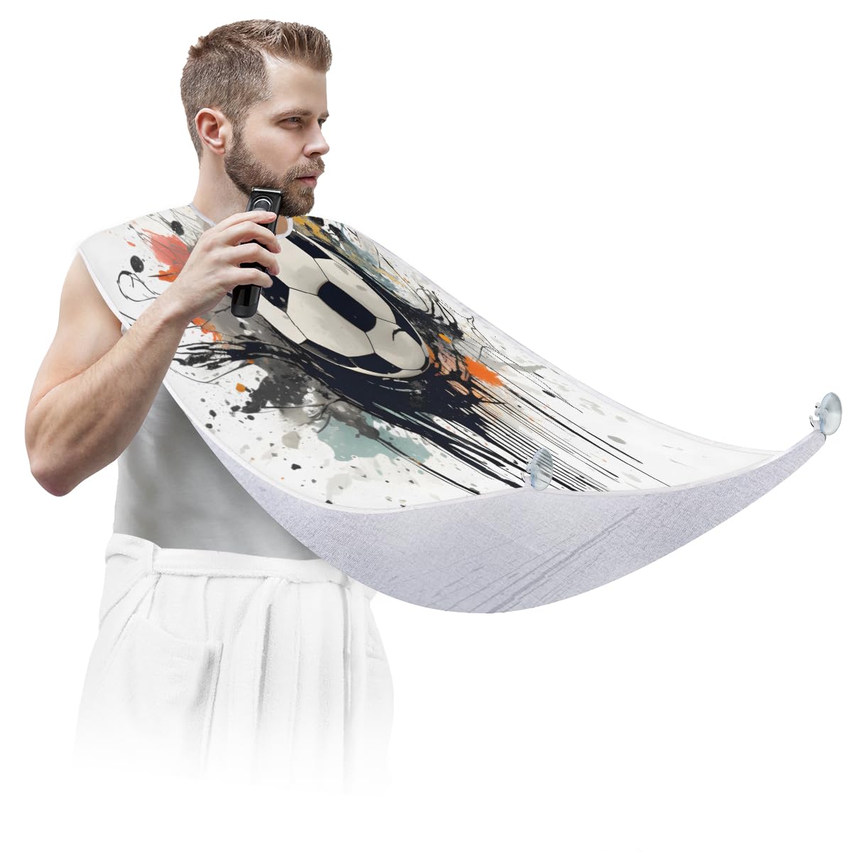 **Non-Stick Beard Bib for Men with Suction Cups - Ink Splash Soccer Ball Design, Hair Catcher for Shaving & Grooming - Perfect Birthday Gift for Husband or Dad (Great for Home & Salon Use)**