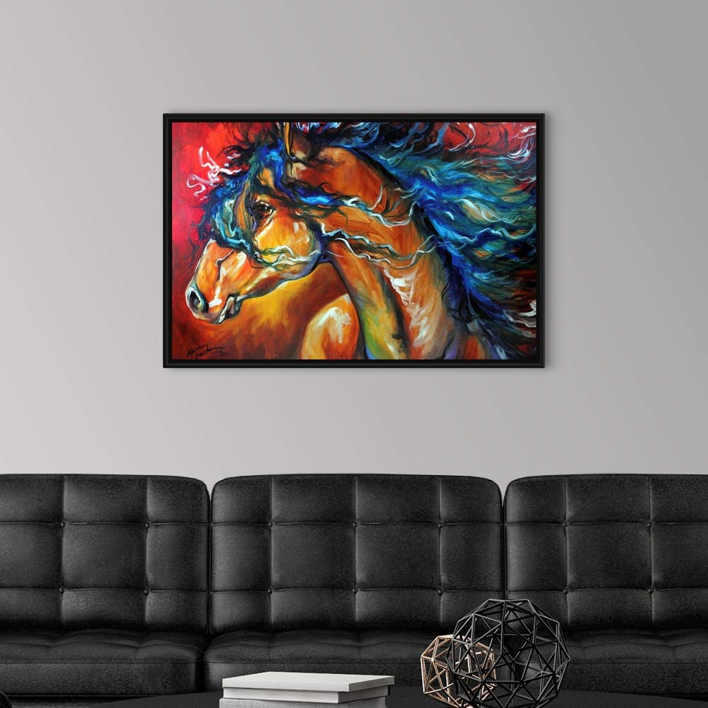 Red Thunder Indian War Horse Black Float Frame Canvas Art - Native American Horse Painting for Wall Decor, Living Room & Office