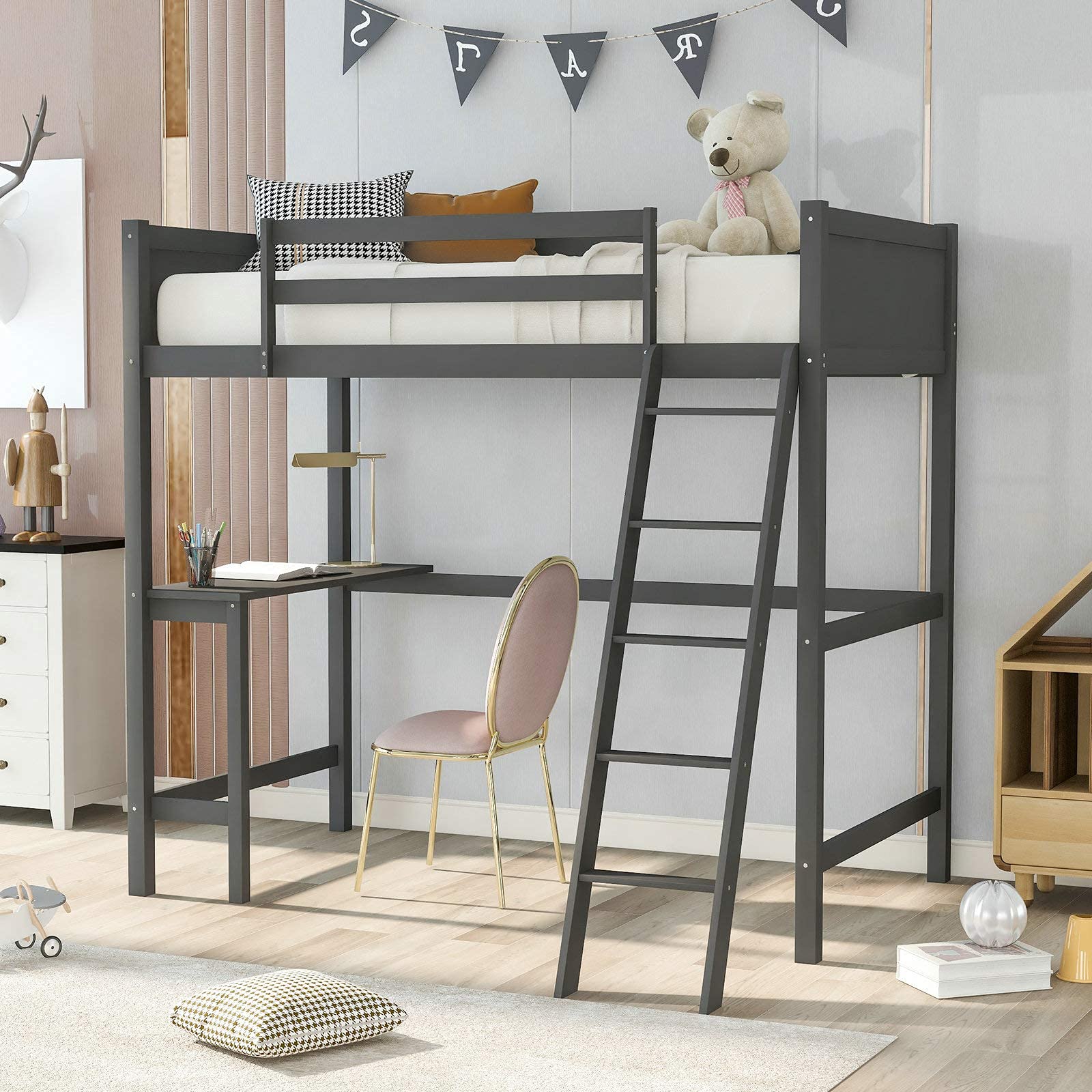 **AUTOKOLA Wooden Twin Loft Bed with Desk & Ladder - Space-Saving Kids & Teens Bedroom Furniture for Study & Sleep**    *Perfect for small bedrooms, dorms, or shared spaces - combines a cozy sleeping area with a functional study desk!*