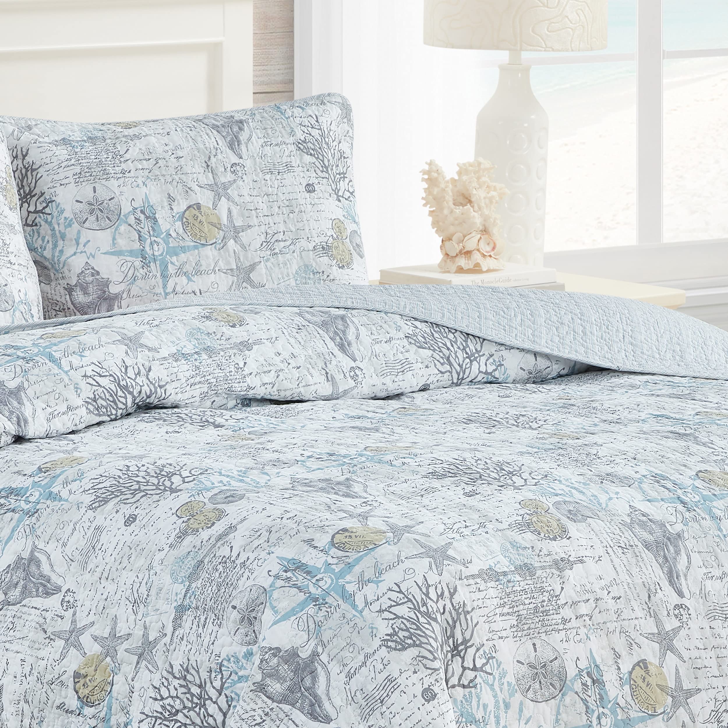 Tommy Bahama Reversible Queen Quilt Set - 100% Cotton Beach Themed Bedding with Matching Shams, All-Season Comfort in Beach Bliss Grey | Perfect for Coastal Bedrooms, Guest Rooms & Vacation Homes