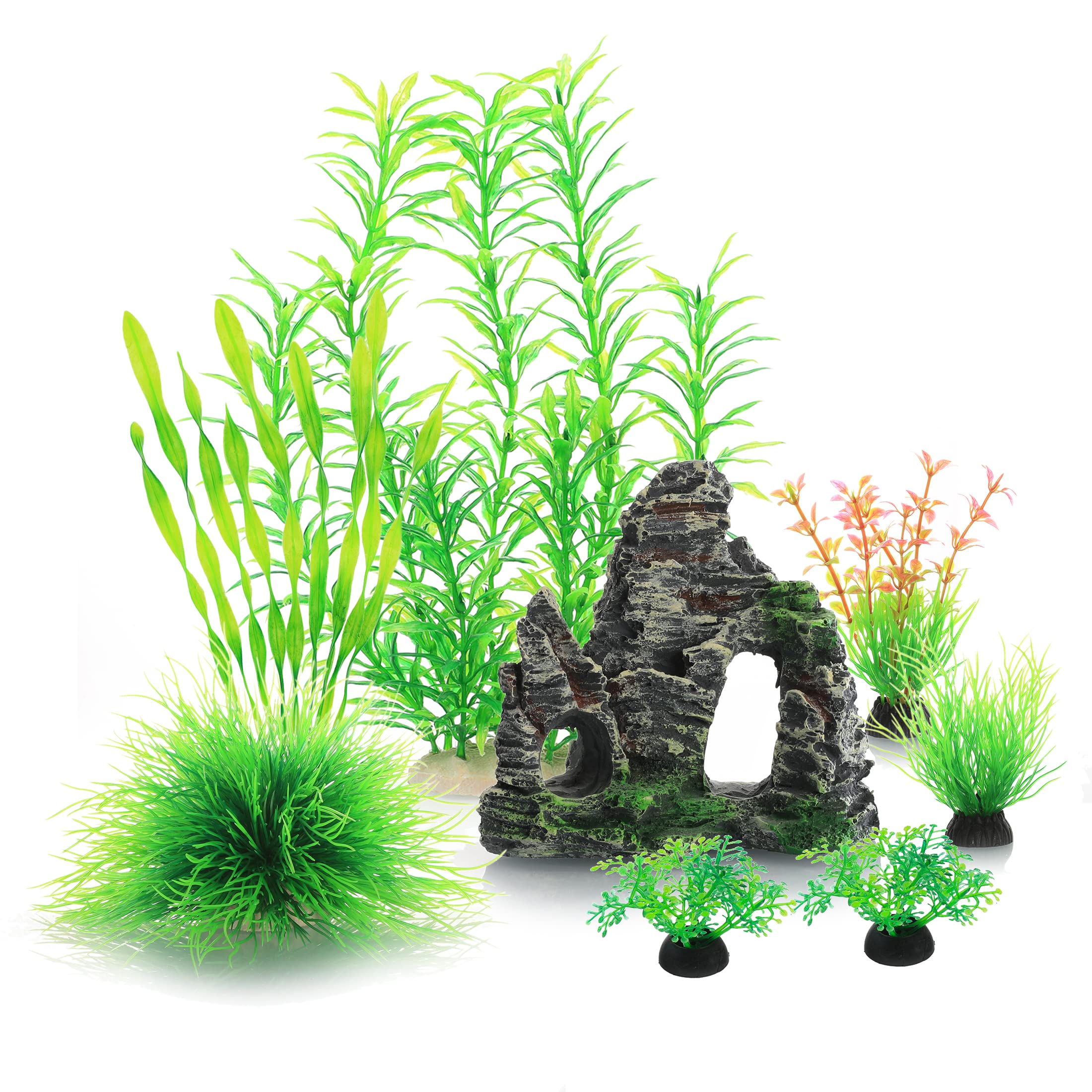 JIHAQUA 6-Piece Aquarium Decor Set - Resin Cave Rock, Plastic Plants, Fish Tank Accessories (Green) for Tropical Fish, Betta Tanks & Aquatic Decorations