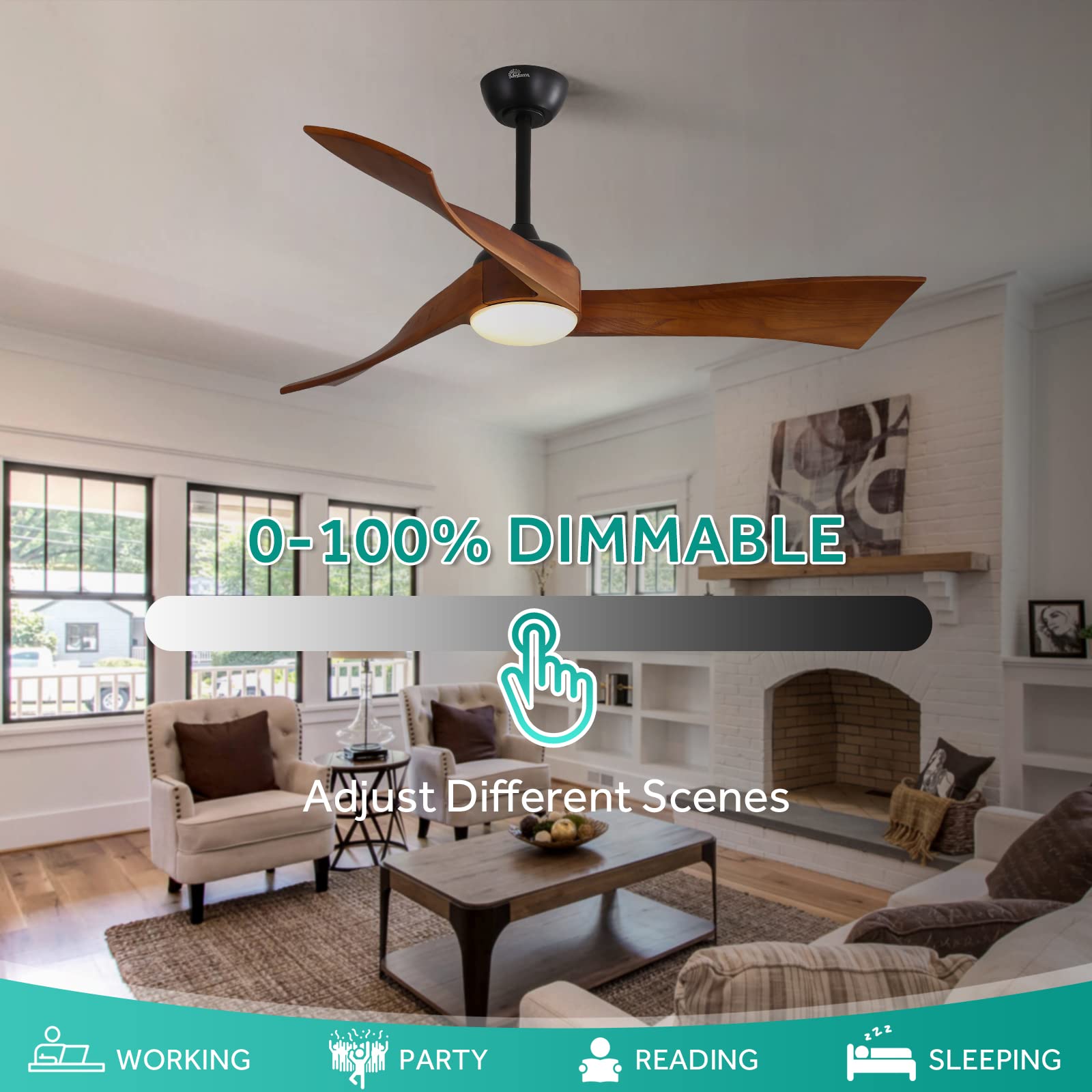 Sofucor 52 Inch Modern Ceiling Fan with Light and Remote Control - 3 Blade Outdoor Ceiling Fan for Patio, 6 Speed Settings & Dimmable LED Light - Brown - Perfect for Living Room, Bedroom, and Covered Outdoor Spaces