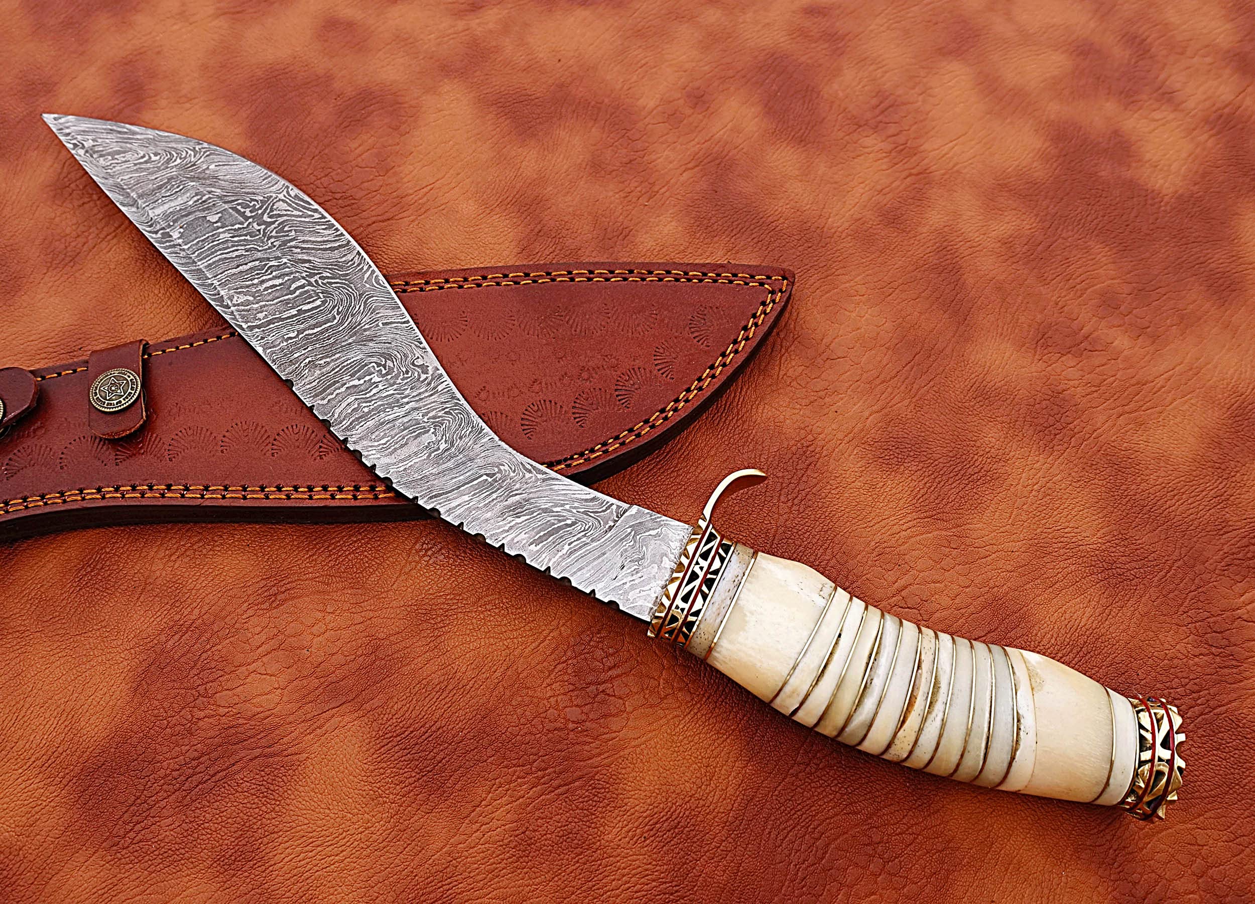 Premium Damascus Steel Hunting Bowie Knife - Handcrafted with Sharp Blade & Camel Bone Handle - Perfect for Outdoor Adventures, Camping, and Survival Gear