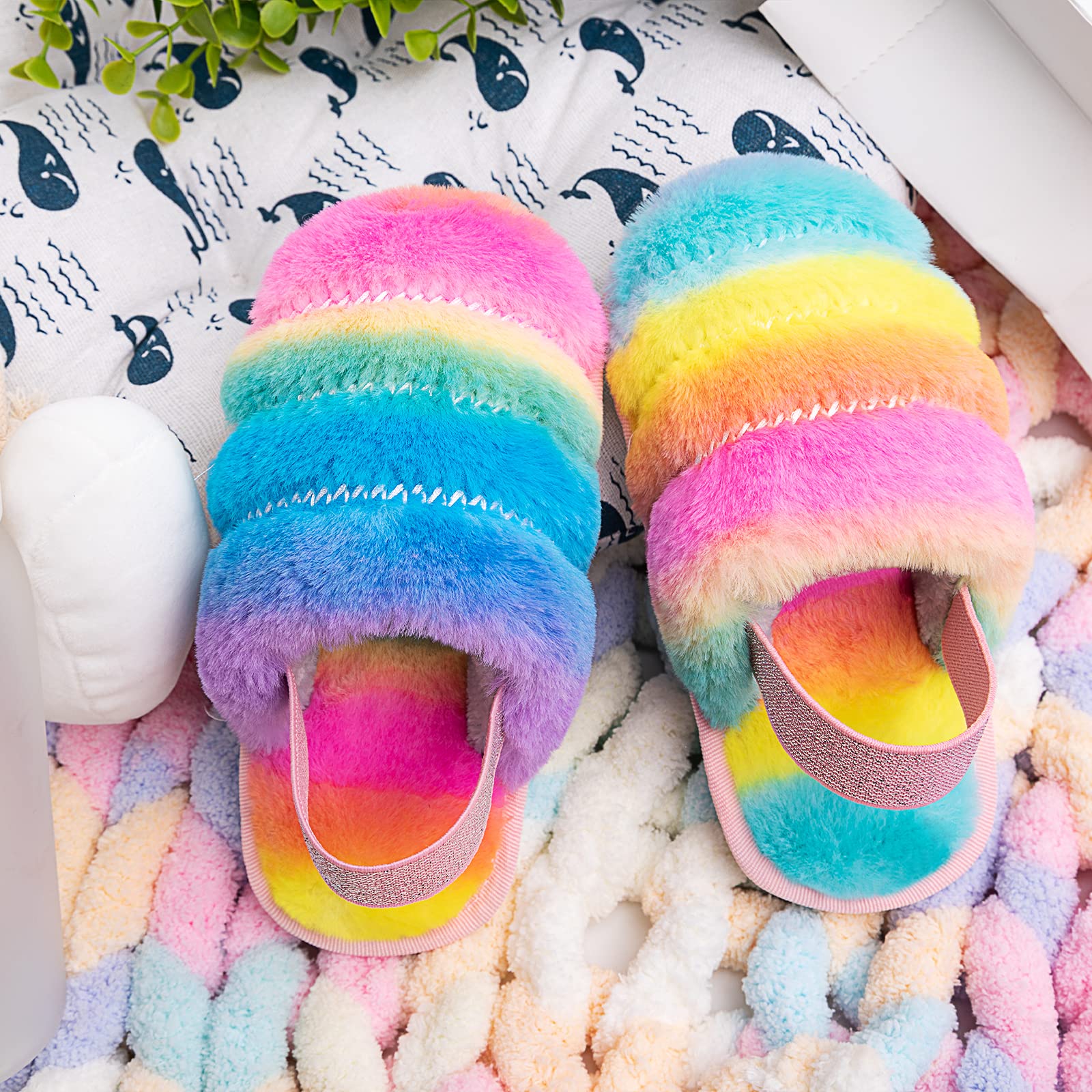 Kids Fluffy Fuzzy Slippers - Soft Faux Fur Open-Toe Slides with Adjustable Strap for Boys & Girls | Cozy Indoor House Shoes for Playtime & Relaxation