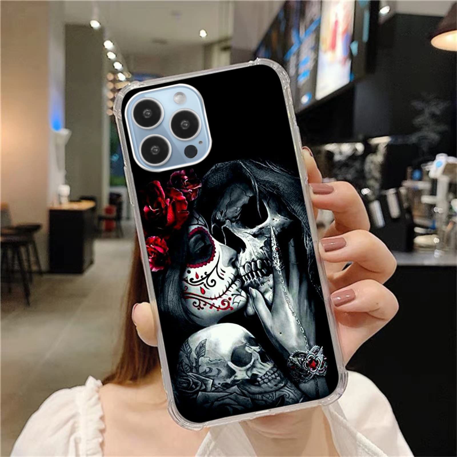 Kiss Skull iPhone 13 Pro Max Case - Trendy Sugar Skull Girl Design TPU Bumper Cover for Women & Men | Perfect for Halloween, Gothic Fashion & Everyday Protection