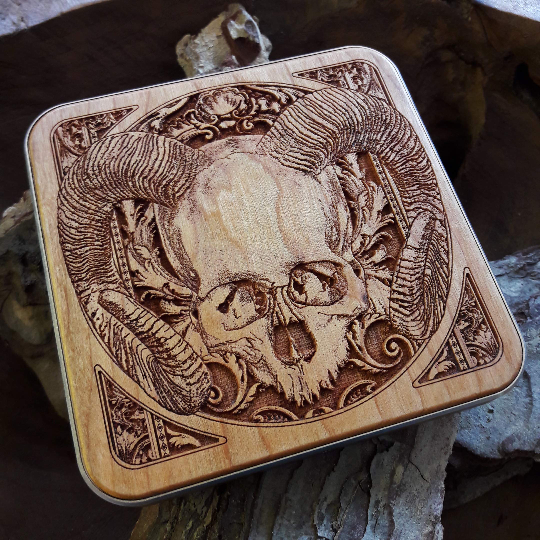 15W Fast Qi Wireless Charger Pad - Laser Engraved Ram Skull Design on Cherry Wood with Black Aluminum Base | Compatible with iPhone 16, Galaxy S25, S24 Ultra | Gothic Dark Art Home & Office Desk Decor | Perfect for Bedroom, Gaming Setup and Gift Giving