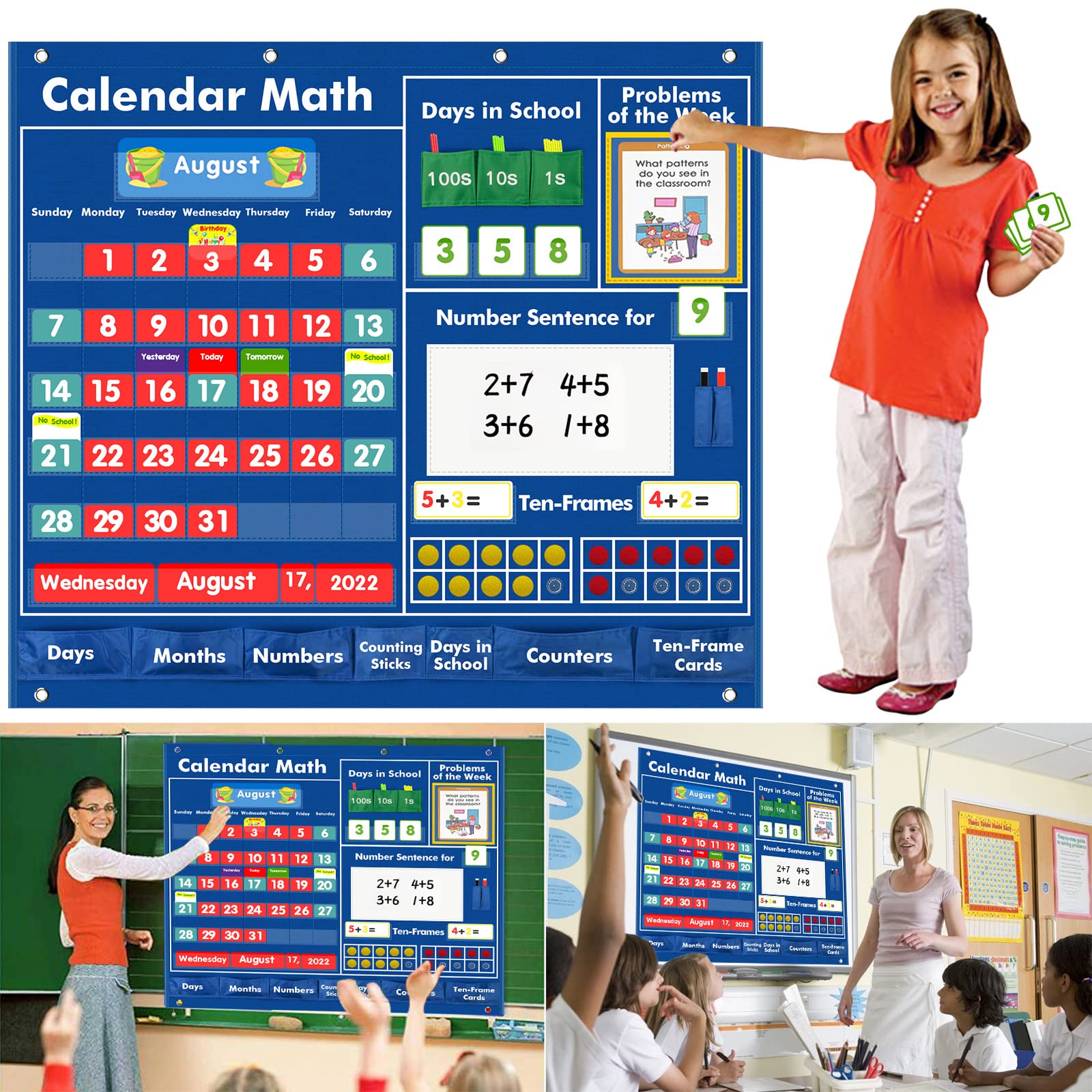 KIGOAL Daily Math Calendar Pocket Chart - Educational Classroom Teaching Tool for Elementary & Preschool Number Activities | Perfect for Morning Routines, Counting Practice & Interactive Learning