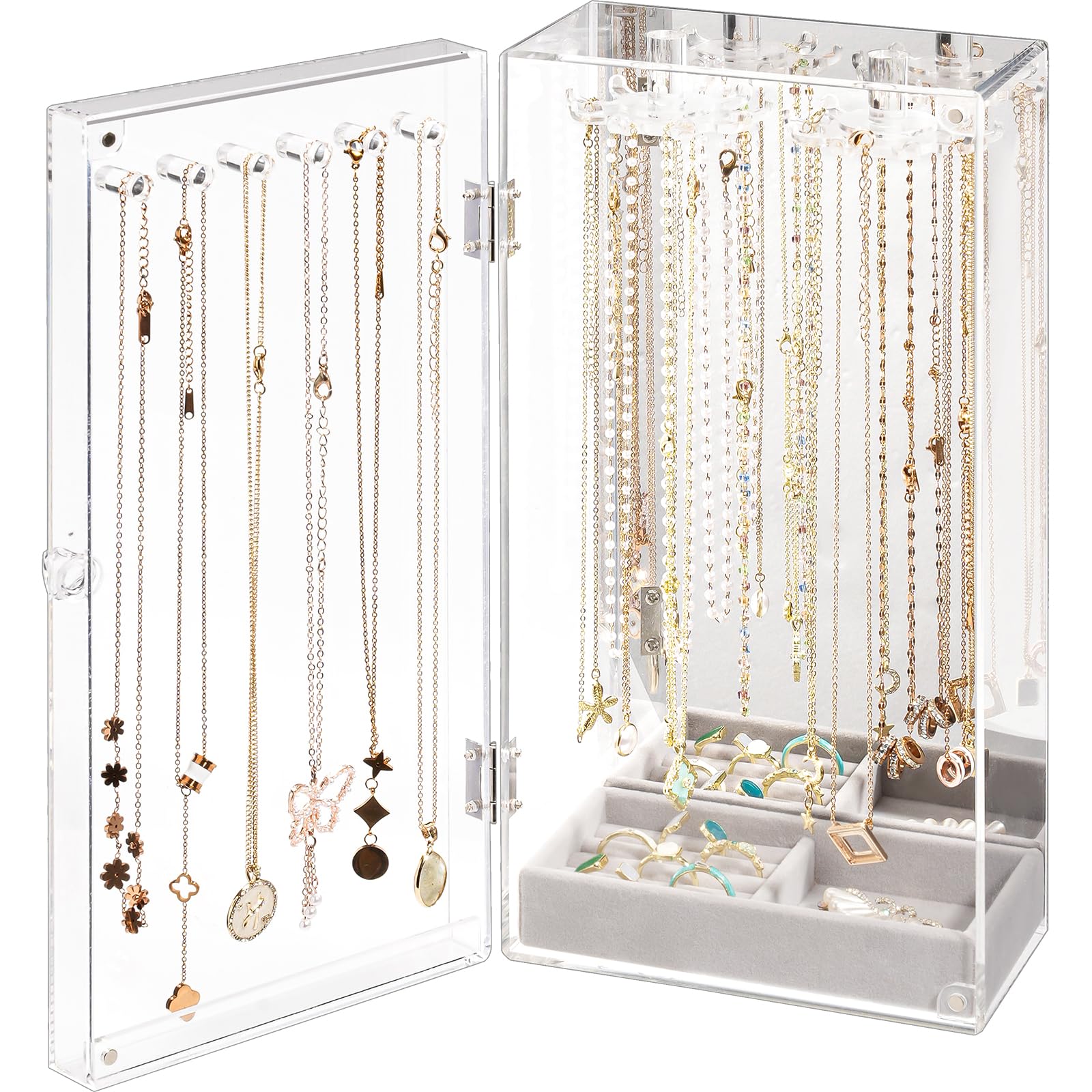 Lolalet Rotating Acrylic Necklace Holder Organizer - 24 Hooks Jewelry Display Stand with Built-in Mirror & Dust-Proof Velvet Tray - Clear Jewelry Storage Case for Necklaces, Pendants & Chains - Perfect for Bedroom Vanity, Closet Organization & Jewelry Store Display