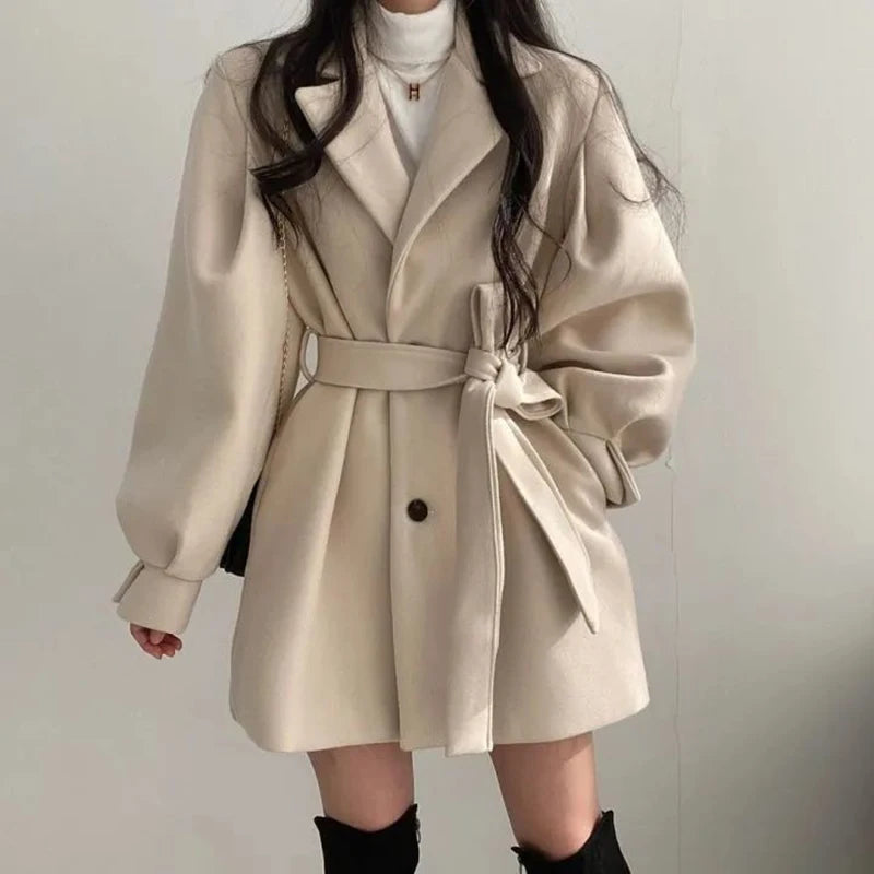 Women's Wool Blend Trench Coat with Lace-Up Front, Turn-Down Collar & Pockets – Warm Winter Long Sleeve Overcoat for Office, Dating & Fall Fashion