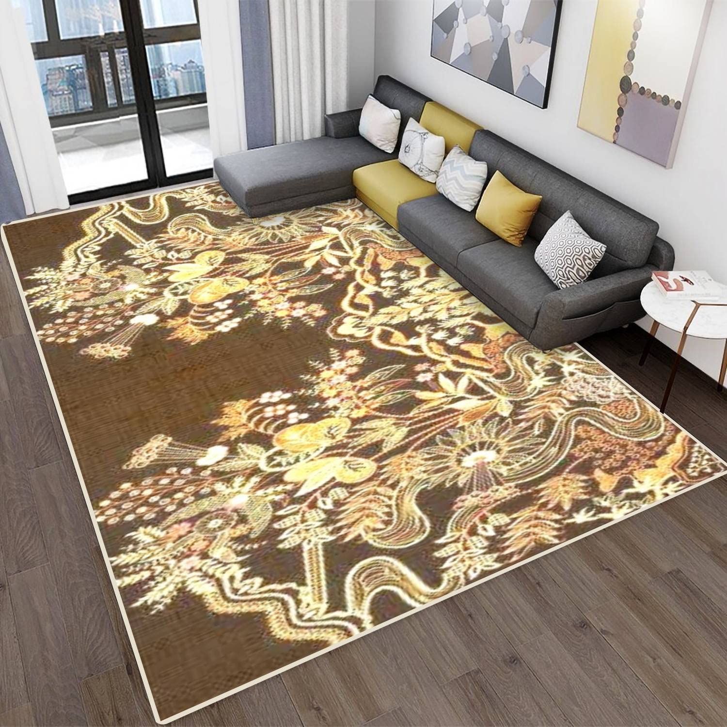 Modern Non-Slip Area Rugs with Mughal Flower Design - Stain Resistant Abstract Carpet for Living Room, Bedroom Decor | Indoor/Outdoor Home Floor Mat - Perfect for Boho Chic Spaces & High Traffic Areas