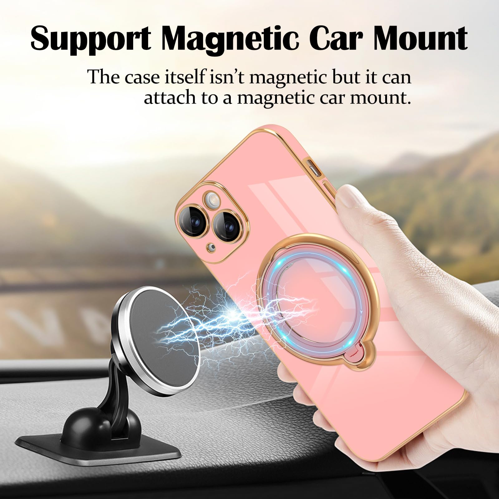 Luxury Magnetic iPhone 15 Plus Case with 360° Rotatable Stand - Shockproof TPU Bumper Protective Cover for Women & Men (Pink) - Perfect for Work, Travel & Everyday Use