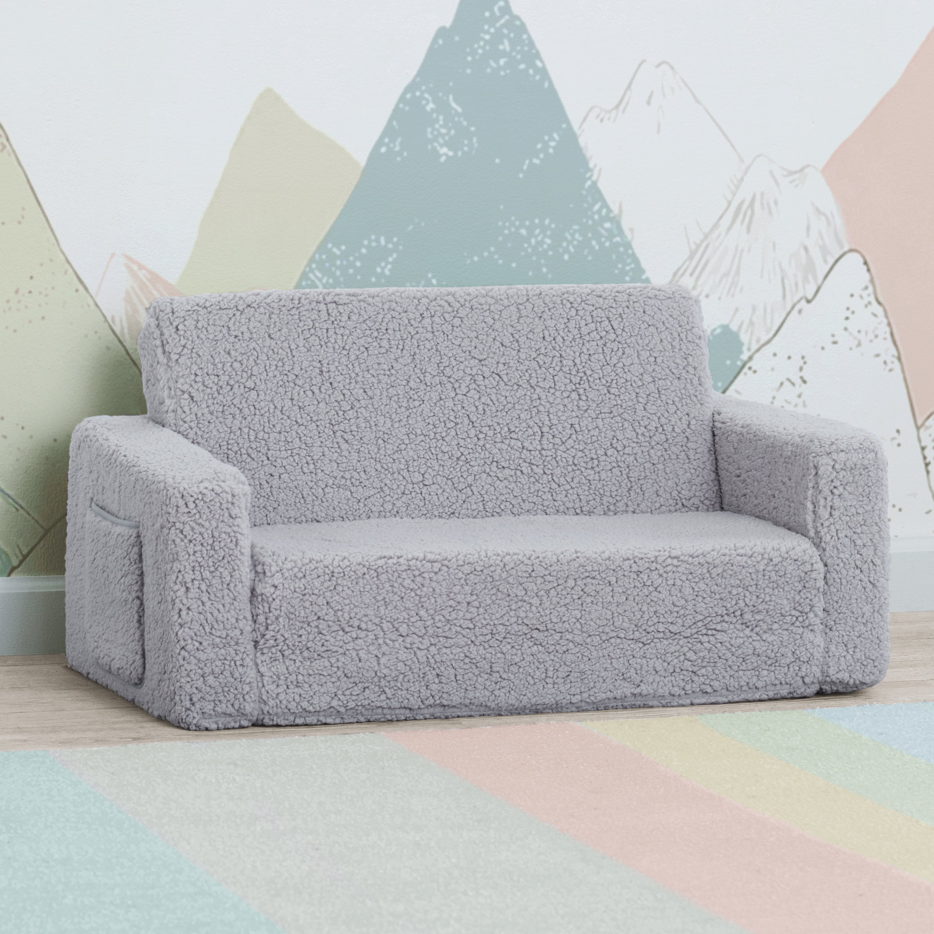 CoZee Flip Out Sherpa 2-in-1 Convertible Kids Sofa to Lounger - Soft & Comfortable for Playroom, Nursery or Bedroom - Perfect for Reading, Napping & Relaxing