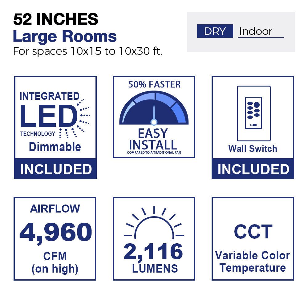 52 Inch Modern Ceiling Fan with LED Light and Remote Control - Energy Efficient Quiet Blades for Bedroom, Living Room, and Outdoor Patio